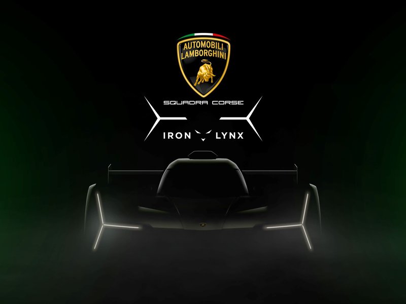 Lamborghini SC63 LMDh prototype showing illuminated Y-shaped headlights and Squadra Corse branding