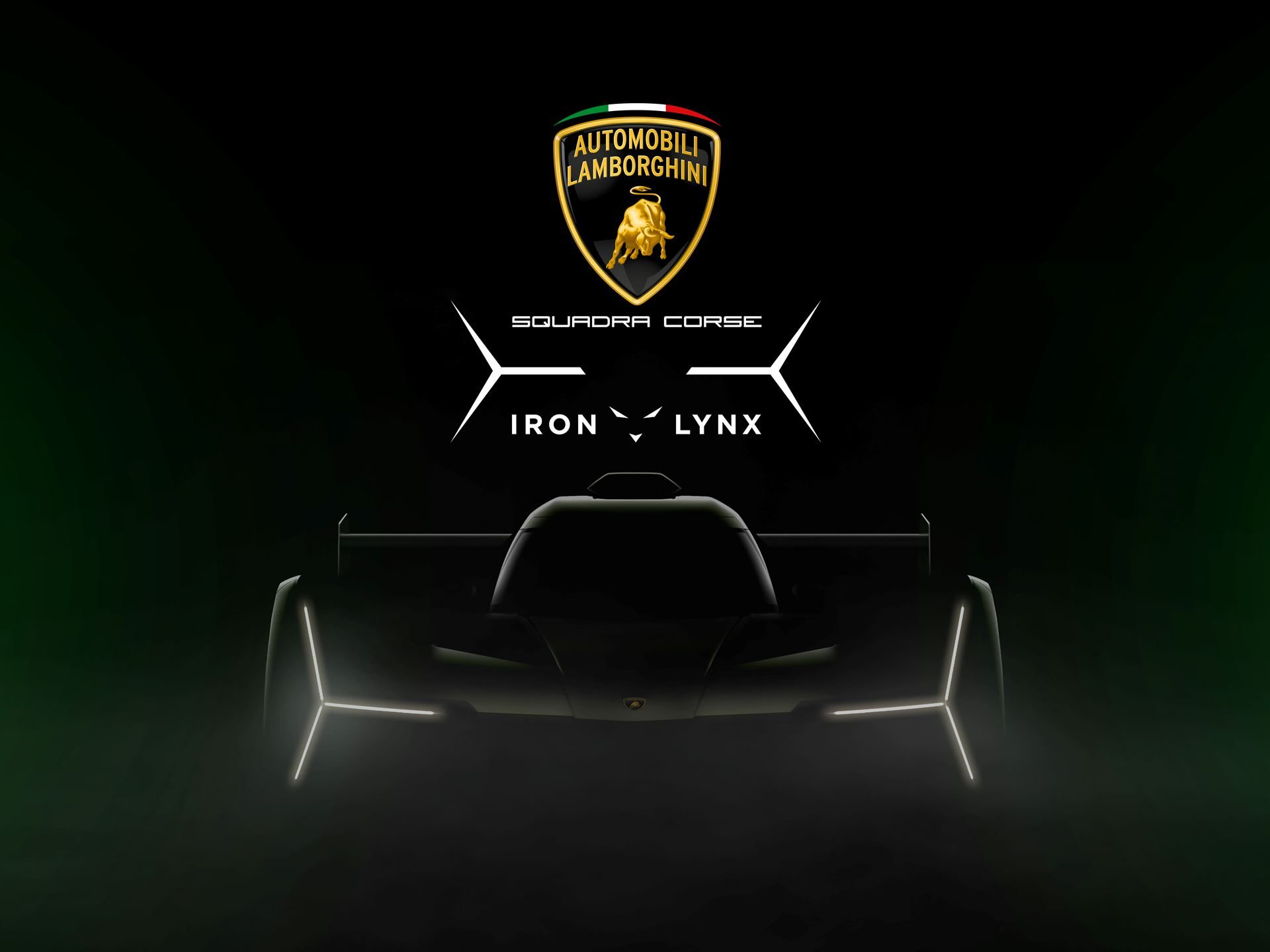 Lamborghini sc63 lmdh prototype showing illuminated y-shaped headlights and squadra corse branding