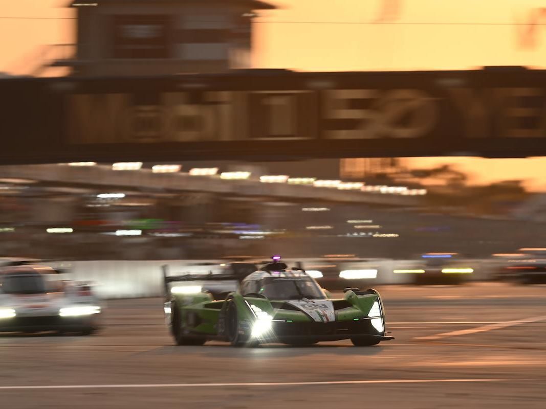 The Sc63'S Sebring Seventh: Why Finishing On The Lead Lap Mattered More Than The Position 9 The lamborghini sc63 racing at dusk at sebring with headlights illuminated and competitors blurred in the background