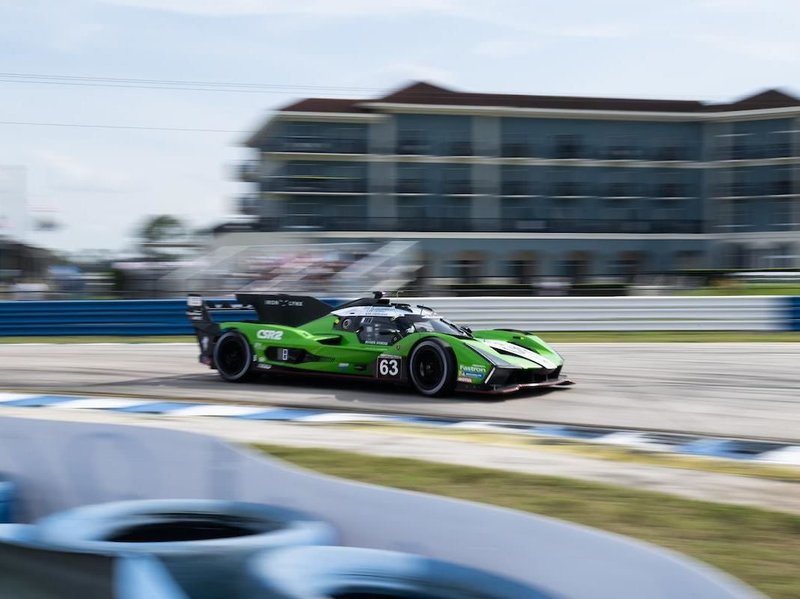 The #63 Lamborghini SC63 LMDh prototype at speed during the 2024 12 Hours of Sebring