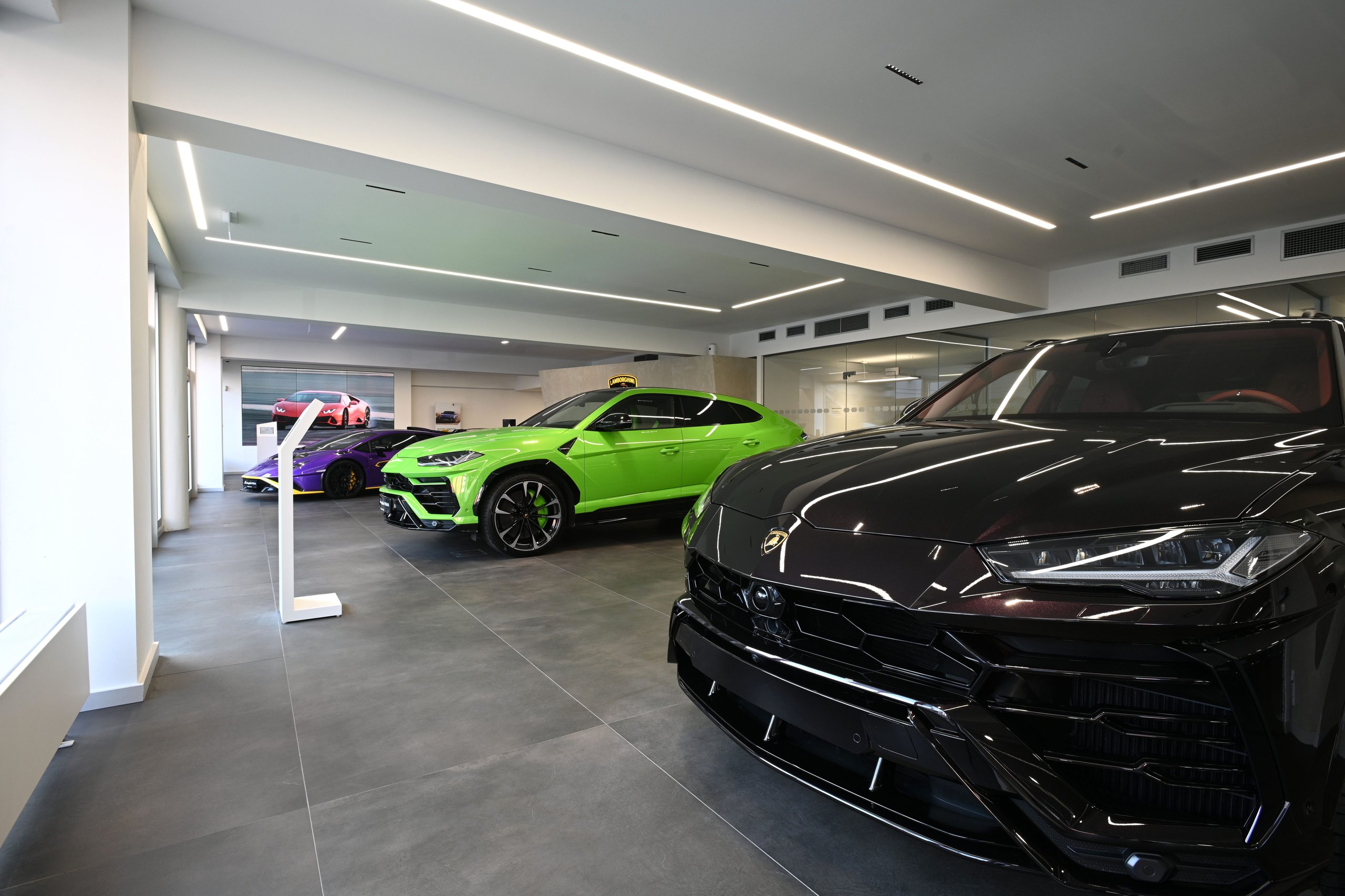 Lamborghini Prague Reopens With Urus Performante Premiere And A Glimpse Of What Comes Next 7 A lineup of lamborghini models in the prague showroom, including a black urus, green urus, and purple huracan tecnica