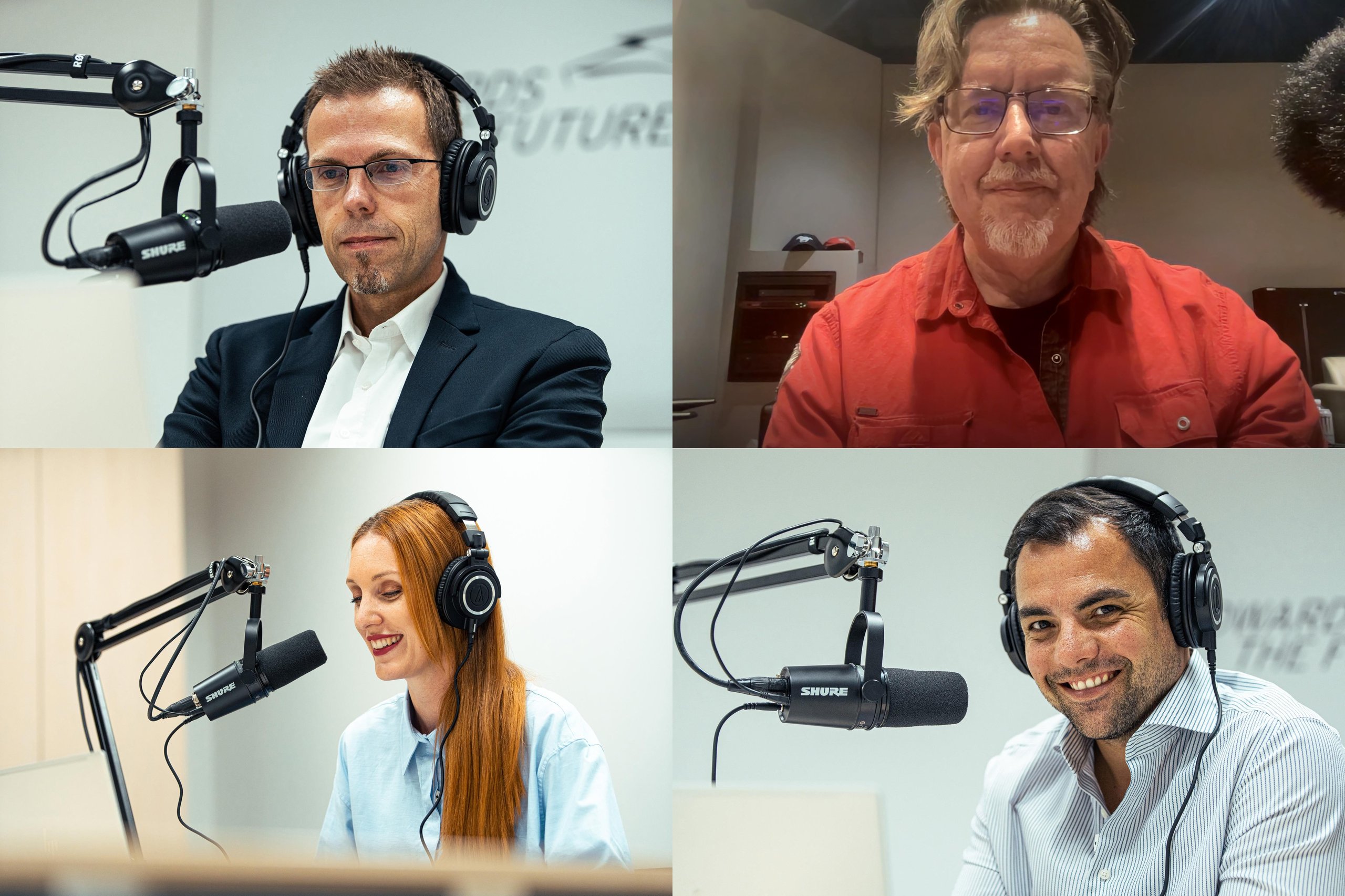 Four-panel collage showing podcast hosts and guests recording the beyond episode, with in-studio and remote participants visible