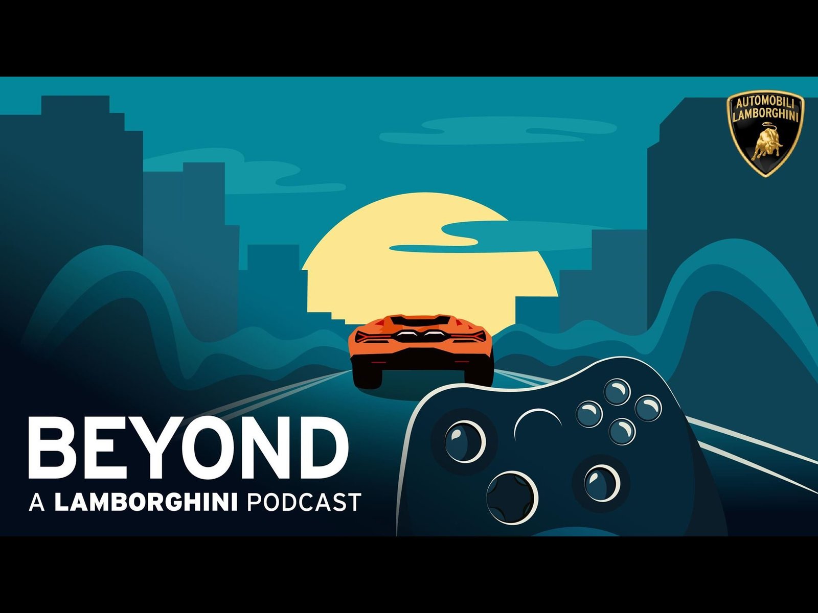 Beyond: A Lamborghini Podcast artwork featuring an orange Revuelto driving into a stylized sunset cityscape with a game controller in the foreground