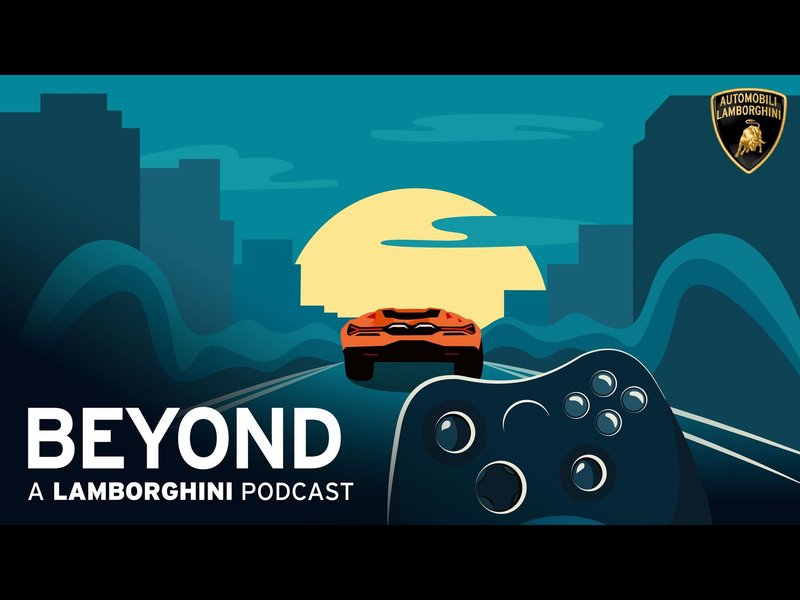 Beyond: A Lamborghini Podcast artwork featuring an orange Revuelto driving into a stylized sunset cityscape with a game controller in the foreground