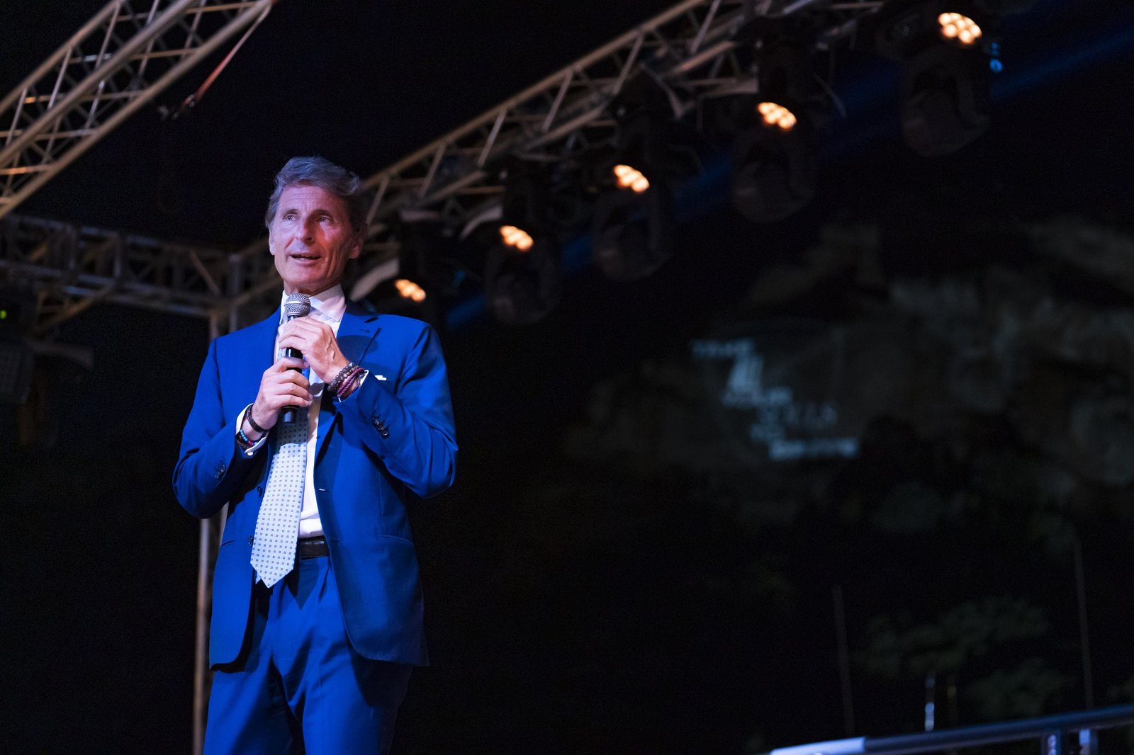 Stephan Winkelmann, CEO of Lamborghini, speaks on stage at the exclusive Lamborghini Summer Dinner in Poltu Quatu, Sardinia