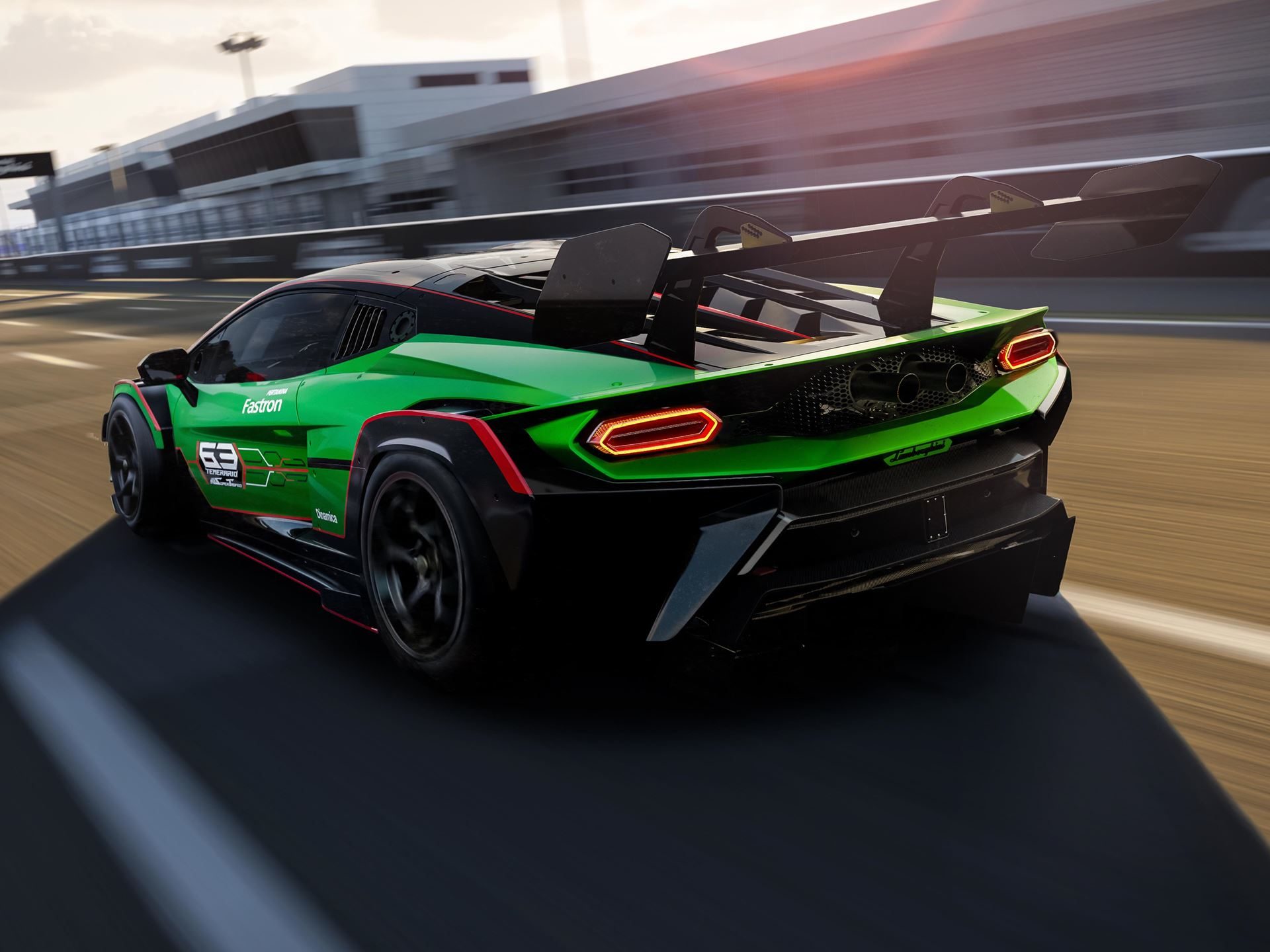 Lamborghini temerario super trofeo speeding away on track, captured from a dynamic rear three-quarter angle with motion blur