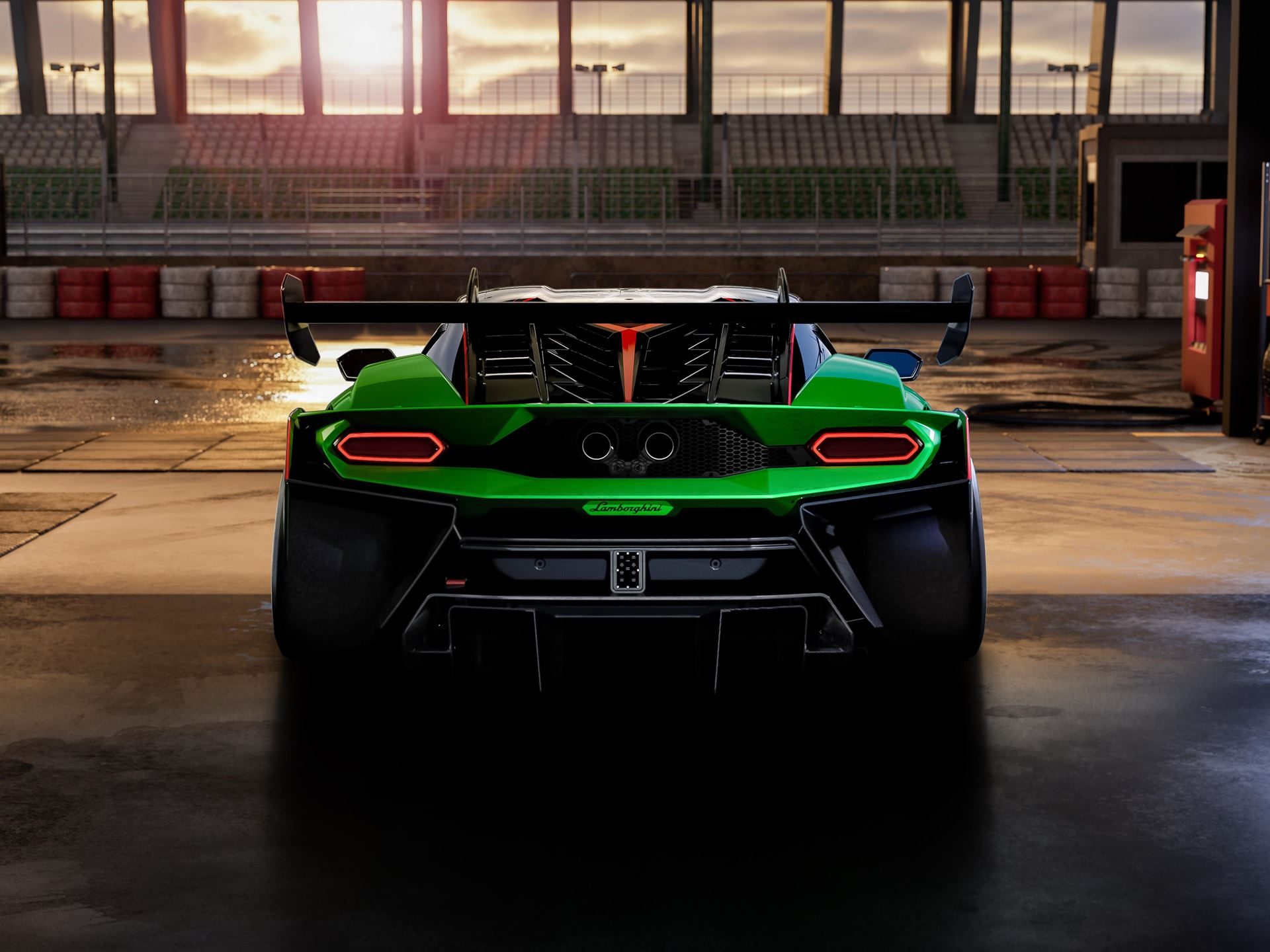 Direct rear view of the lamborghini temerario super trofeo showing wide stance, massive diffuser, hexagonal led taillights, and rear wing