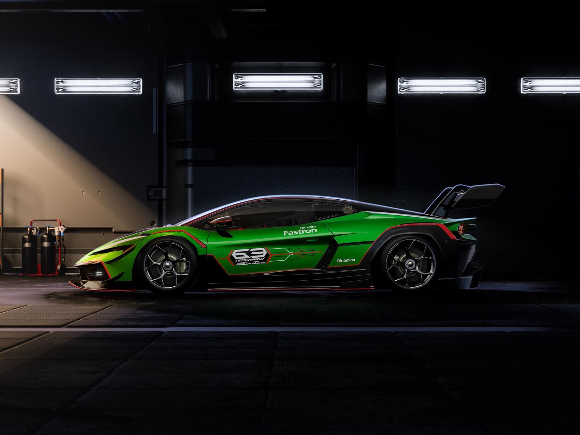 Side profile of the green and black lamborghini temerario super trofeo in a studio setting, showing its sleek racing silhouette and large rear wing