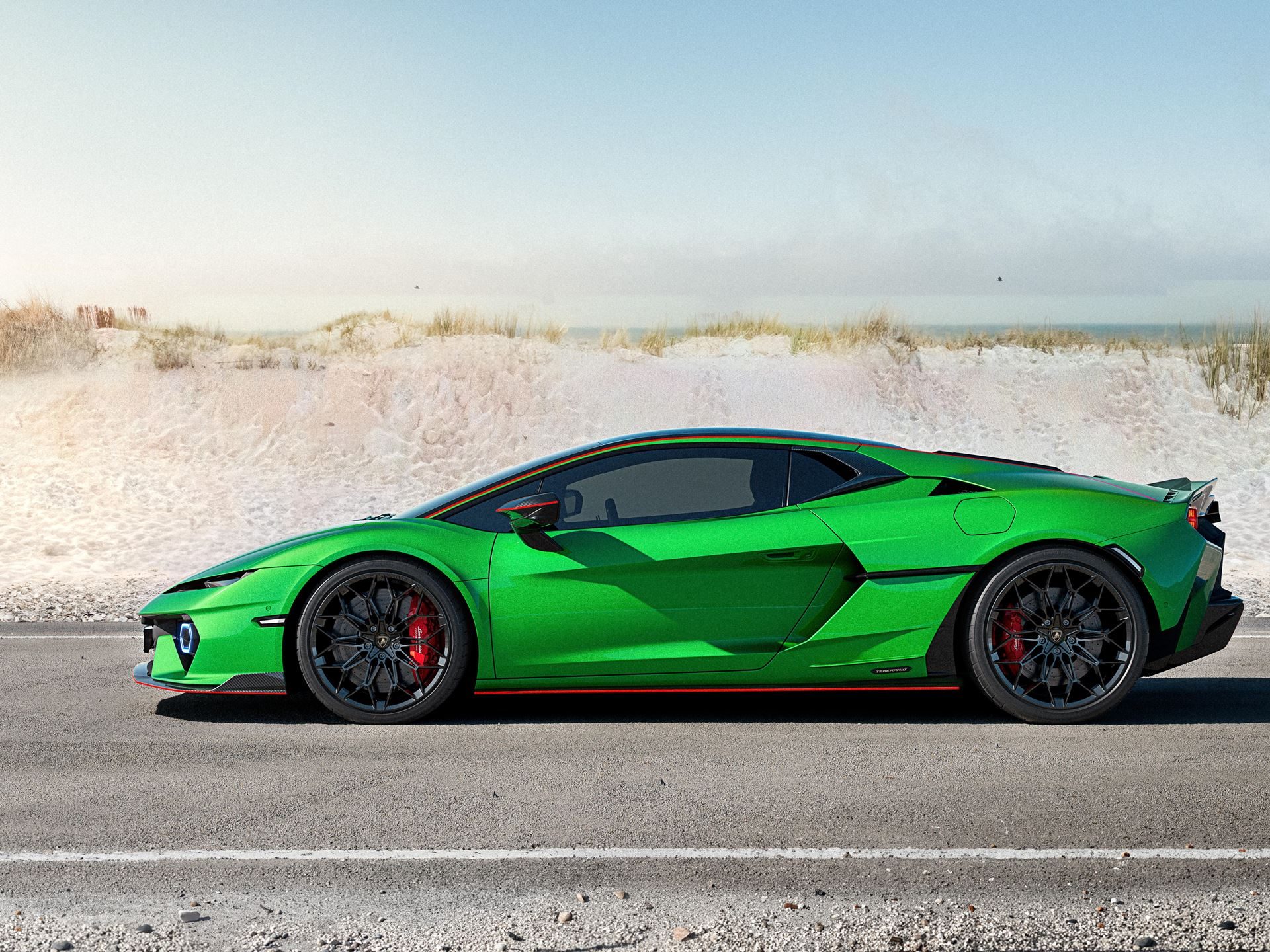 Green lamborghini temerario in side profile with aerodynamic side skirts, large air intakes, and red accent lines