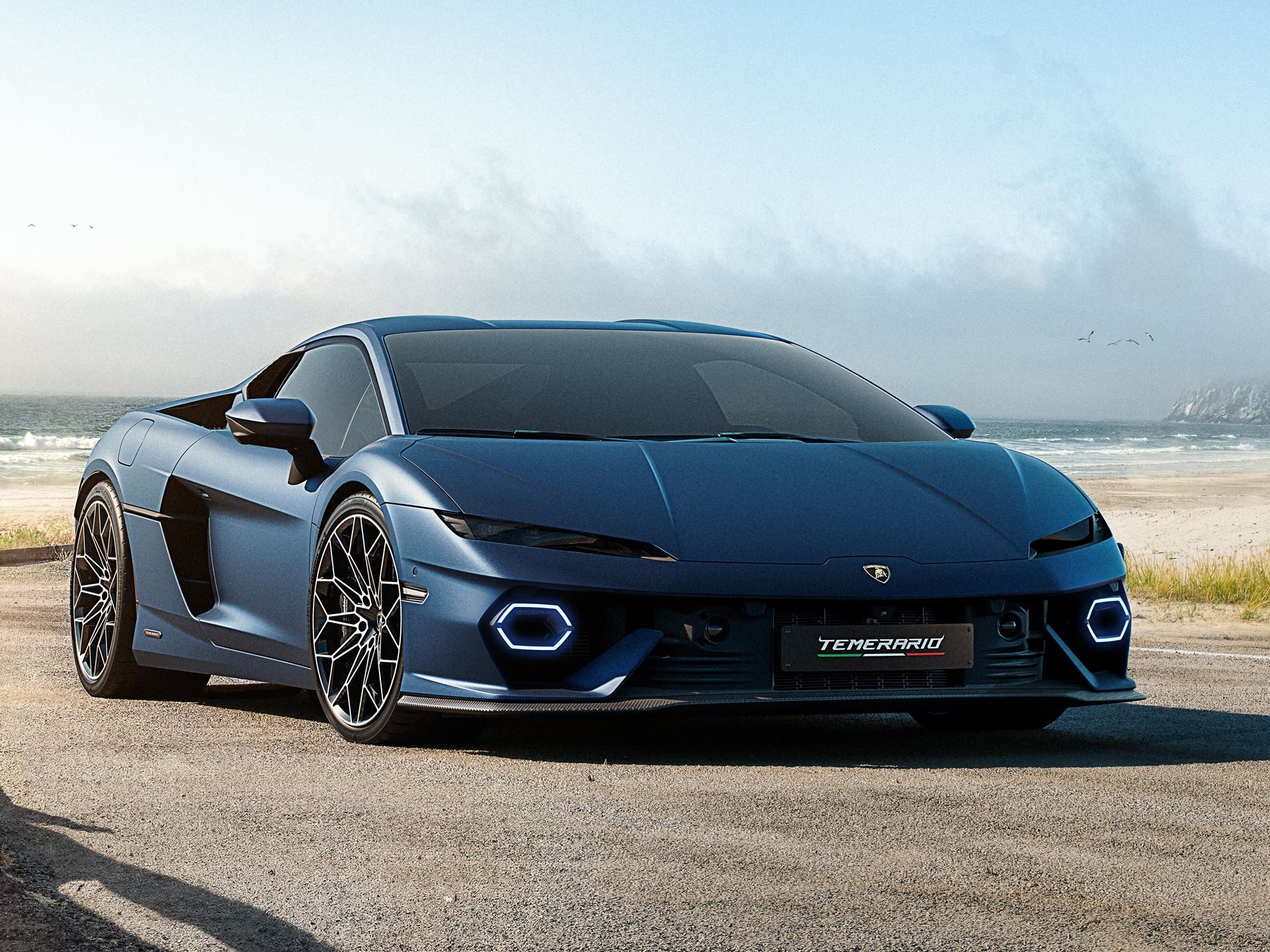 Blue lamborghini temerario on a coastal road with ocean and dunes in the background