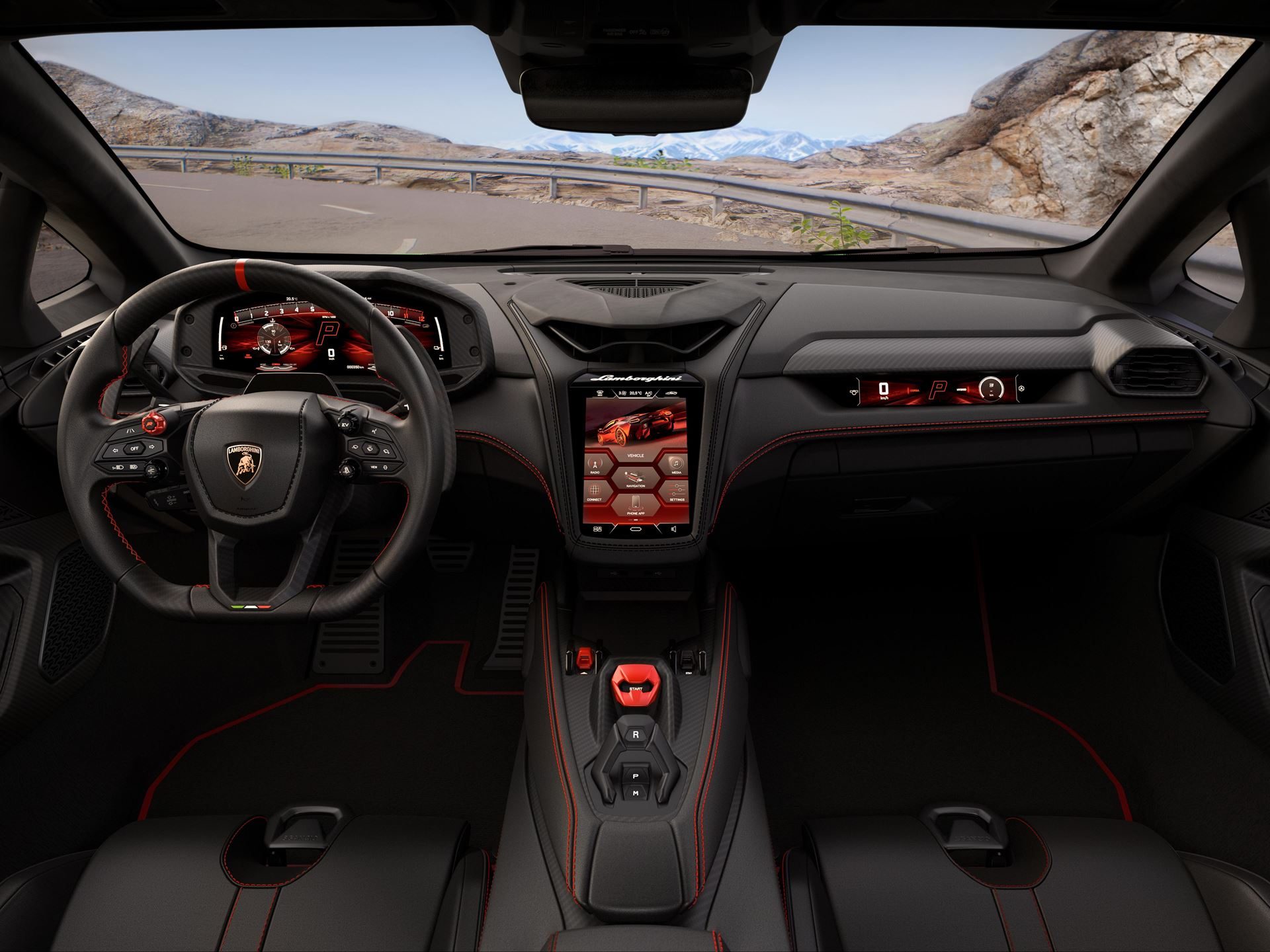 Lamborghini temerario interior with black leather, red stitching, digital instrument cluster, and central touchscreen