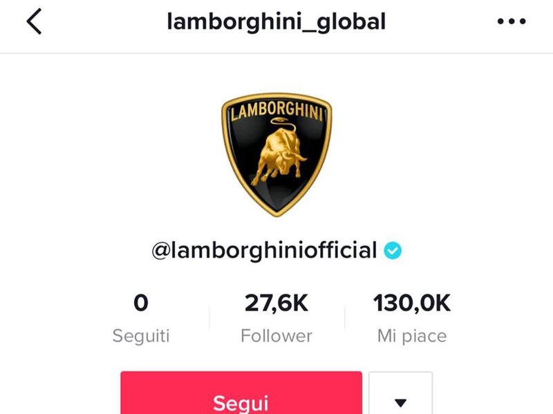 Screenshot of the official Lamborghini TikTok profile showing the brand logo, username, and engagement metrics