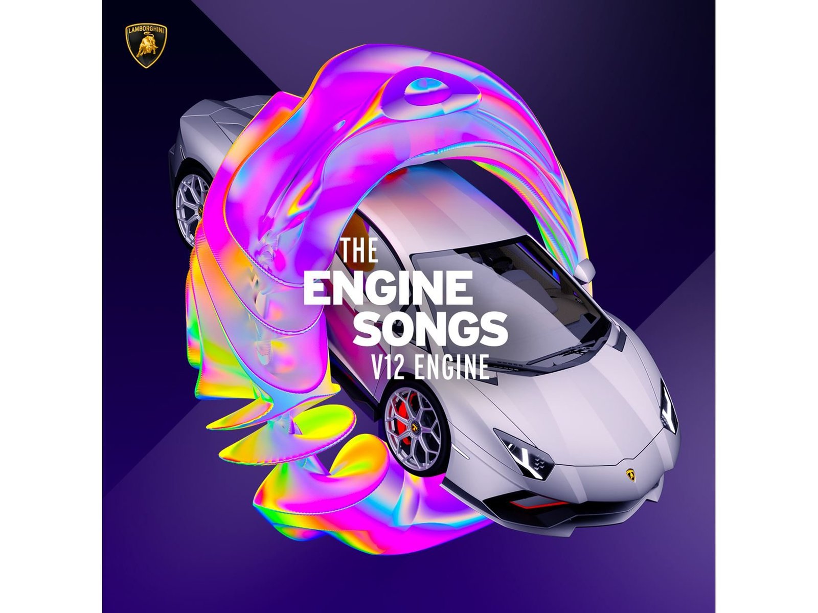 White Lamborghini Aventador with abstract iridescent ribbon and The Engine Songs V12 Engine text overlay