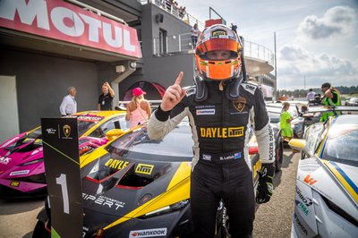 How Brendon Leitch'S Last-Lap Heist In Valencia Foreshadowed A Super Trofeo Europe Championship 2 Brendon leitch points skyward in front of his yellow and black lamborghini huracán super trofeo evo2 after winning in valencia