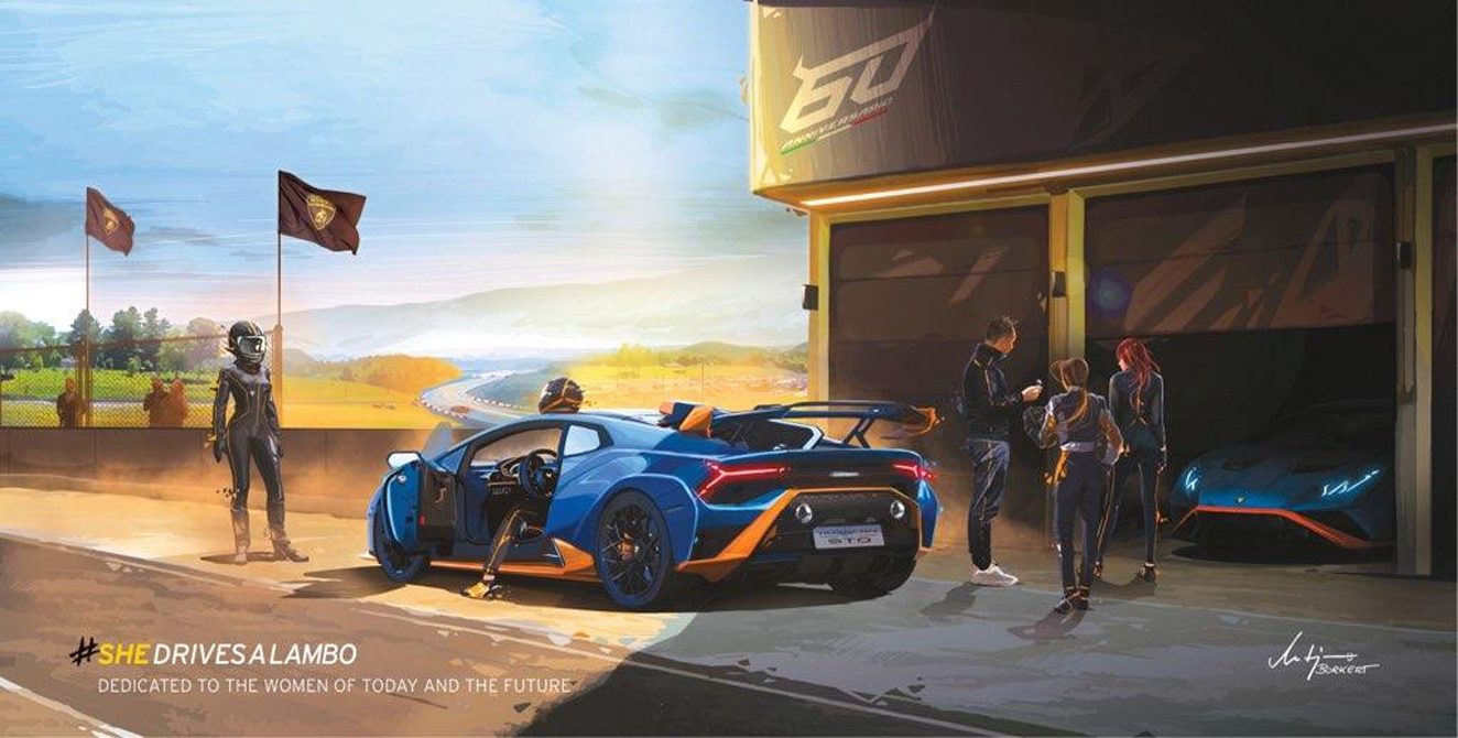 Shedrivesalambo: How Lamborghini Built A Supercar Community No Rival Bothered To Create 11 Illustrated scene depicting a blue lamborghini huracán sto in a pit lane with stylized figures and shedrivesalambo text