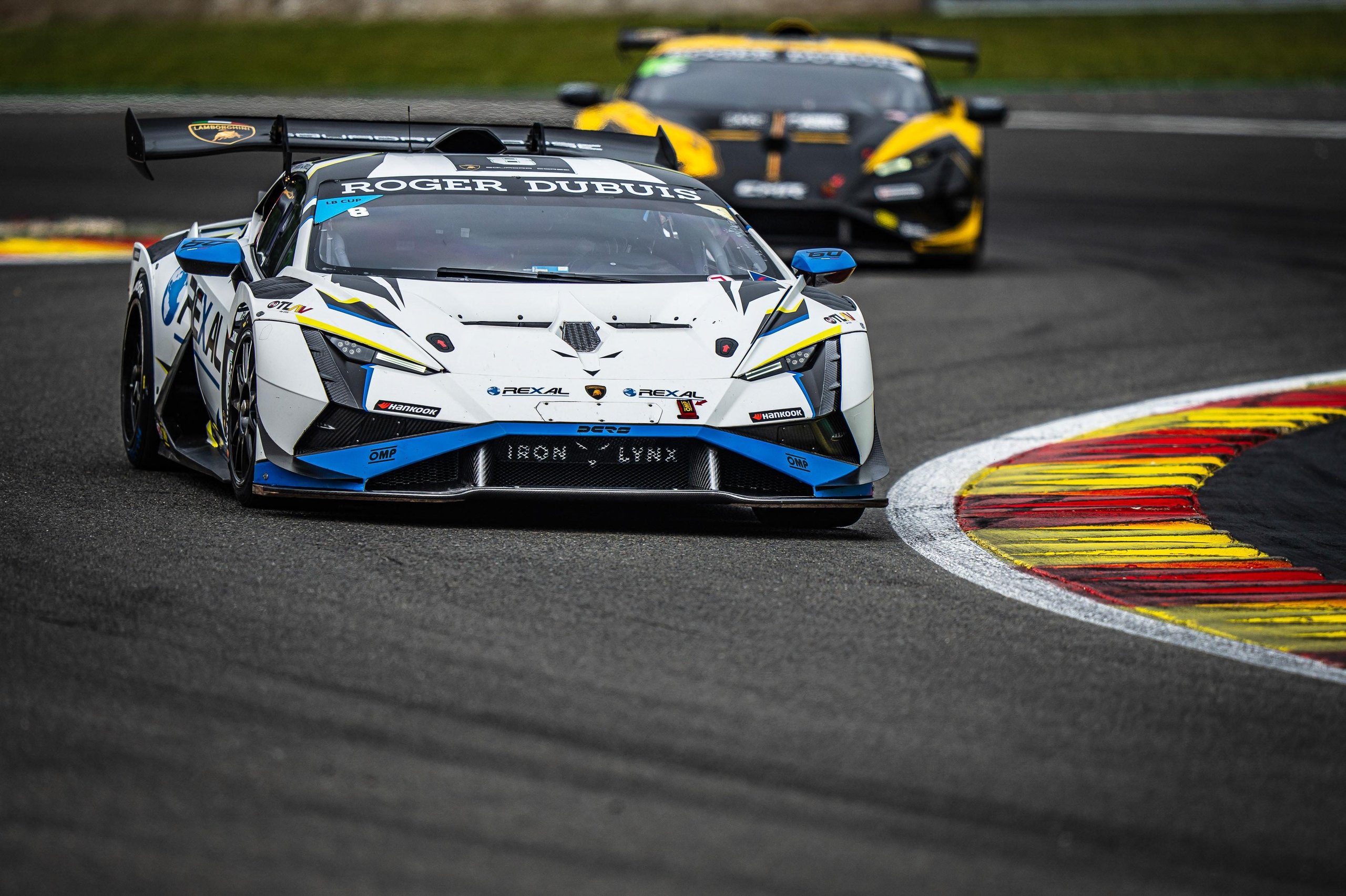 Half A Point Separates The Pro Leaders As Super Trofeo Europe Returns To The Nürburgring 3 White and blue lamborghini huracán super trofeo evo2 number 8 with iron lynx livery navigating a turn on track