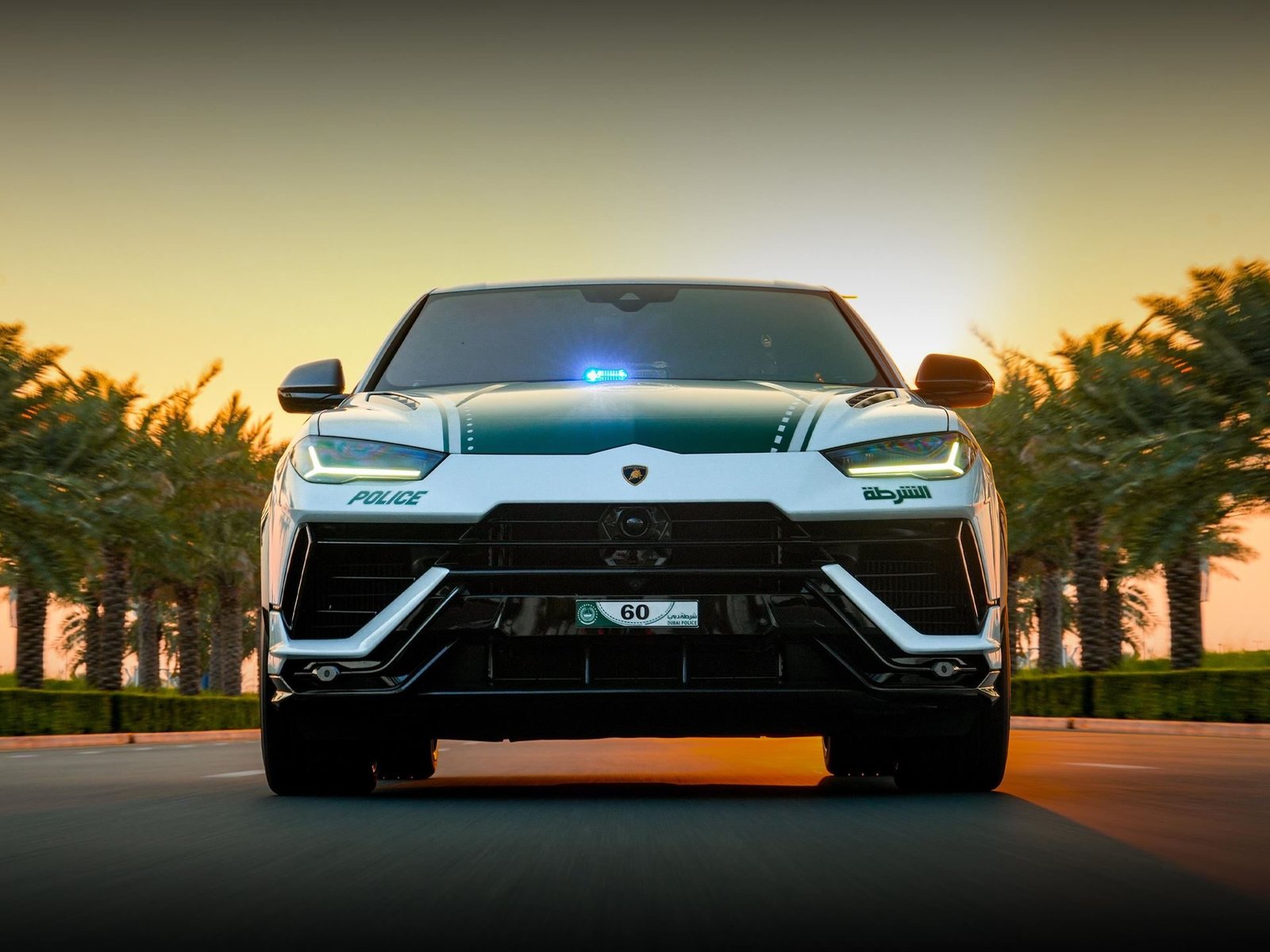 Dubai Police Lamborghini Urus Performante driving on a palm-lined road at sunset, displaying green and white police livery and LED headlights