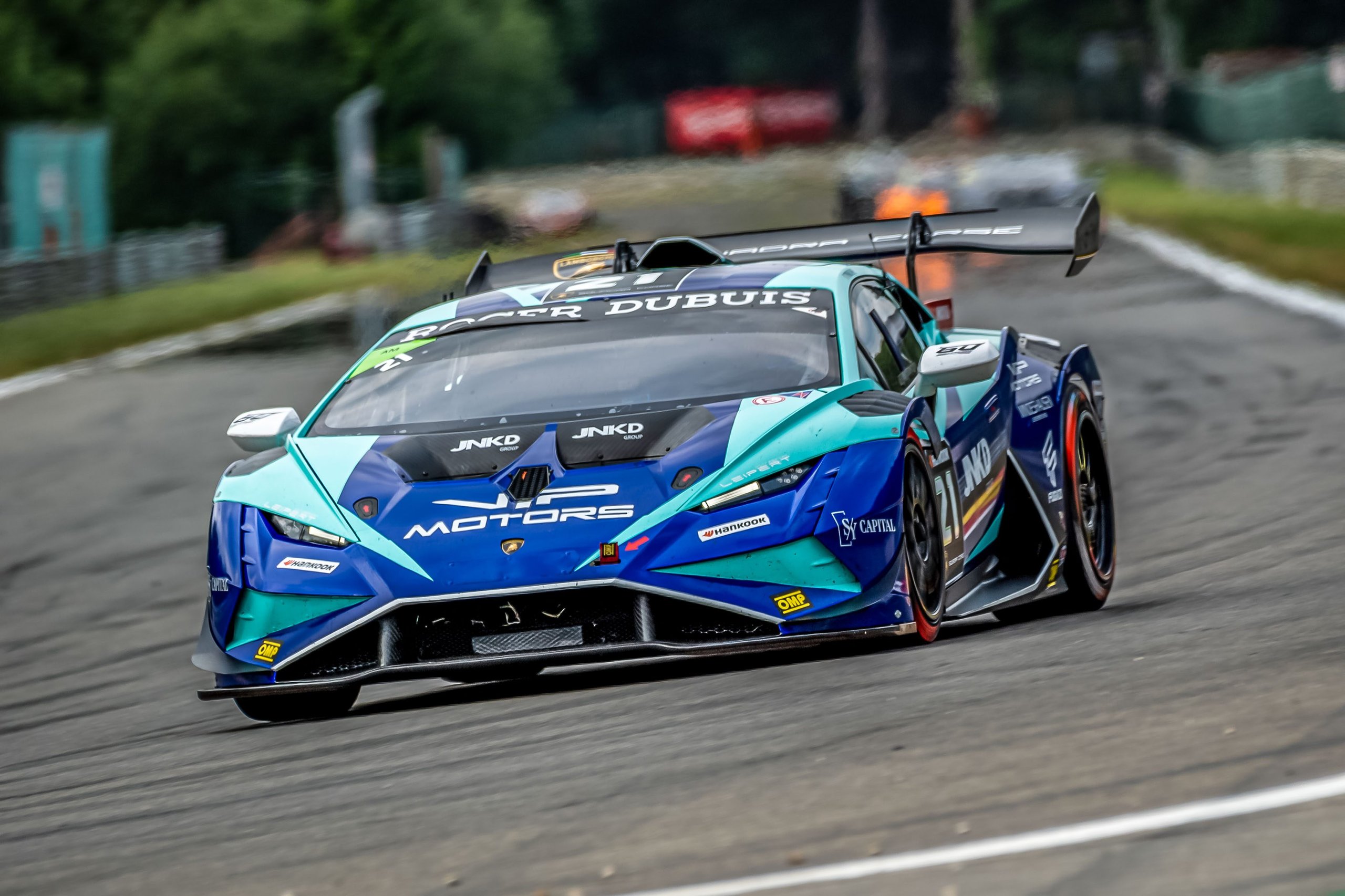 A lamborghini huracán super trofeo evo2 at speed on the spa-francorchamps circuit
