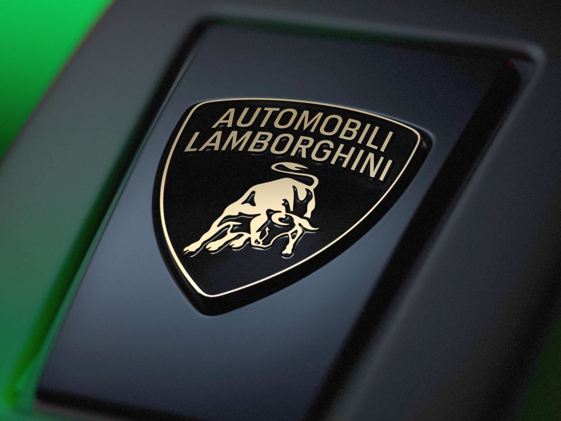 Close-up of the gold automobili lamborghini shield logo on a matte black surface