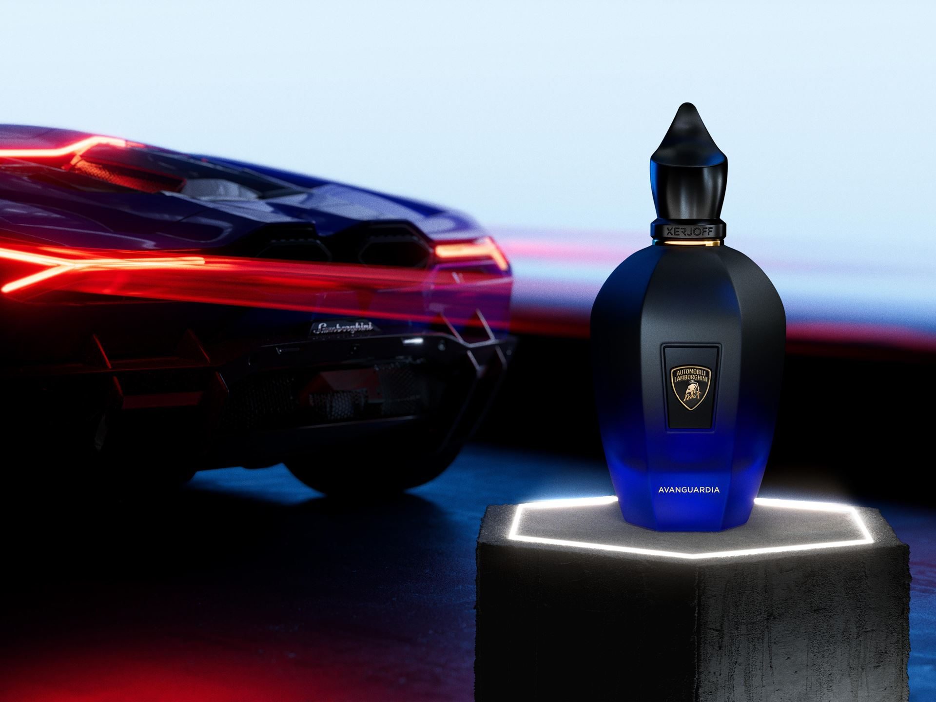 The avanguardia fragrance bottle on an illuminated pedestal with the rear of a blurred lamborghini revuelto under colored lighting