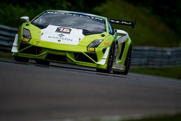Green and white Lamborghini Gallardo LP 570-4 number 76 at speed on track during Blancpain Super Trofeo at CTMP