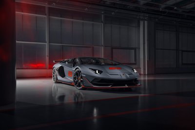 Already Sold Out: How The Aventador Svj 63 Roadster And Huracán Evo Gt Celebration Became Instant Collector Currency 2 Front three-quarter view of the lamborghini aventador svj 63 roadster in matt grey grigio acheso with orange arancio dac accents