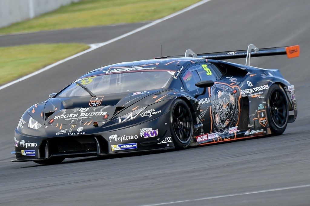 Lamborghini Huracán GT3 number 55 in black and orange FFF Racing livery racing on track