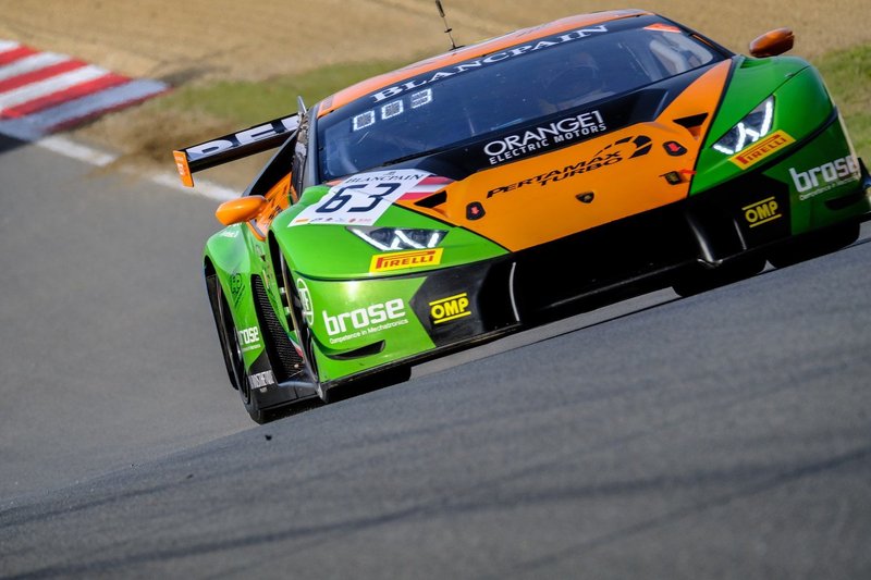 The No. 63 Lamborghini Huracán GT3 in green and orange Grasser Racing Team livery at speed on track during the 2018 Blancpain GT Series Sprint Cup at Zolder