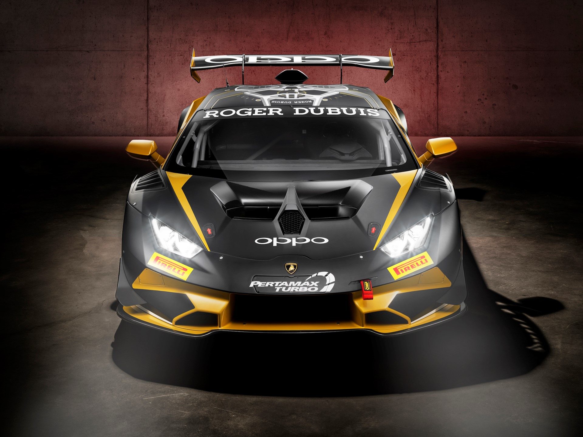 Close front view of the Huracán Super Trofeo Evo Collector 2019 showing matte carbon fiber texture, gold front splitter accents, and Y-shaped LED headlights