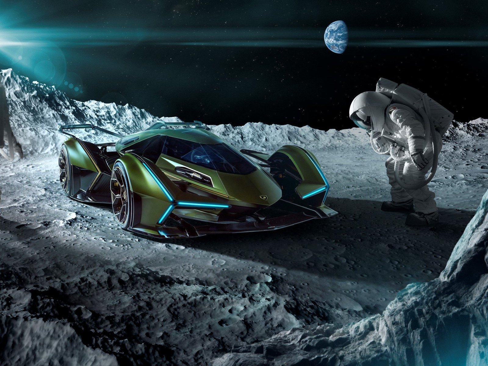 Lamborghini Lambo V12 Vision Gran Turismo concept car in green with glowing blue accents, shown in a dramatic lunar setting with an astronaut