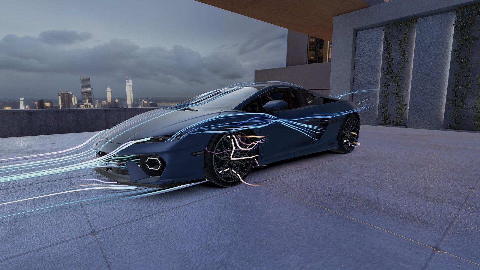 A dark blue Lamborghini rendered with dynamic light trails on an urban rooftop at dusk, representing the spatial computing experience of the new Lamborghini App for Apple Vision Pro