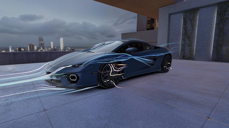 A dark blue Lamborghini rendered with dynamic light trails on an urban rooftop at dusk, representing the spatial computing experience of the new Lamborghini App for Apple Vision Pro
