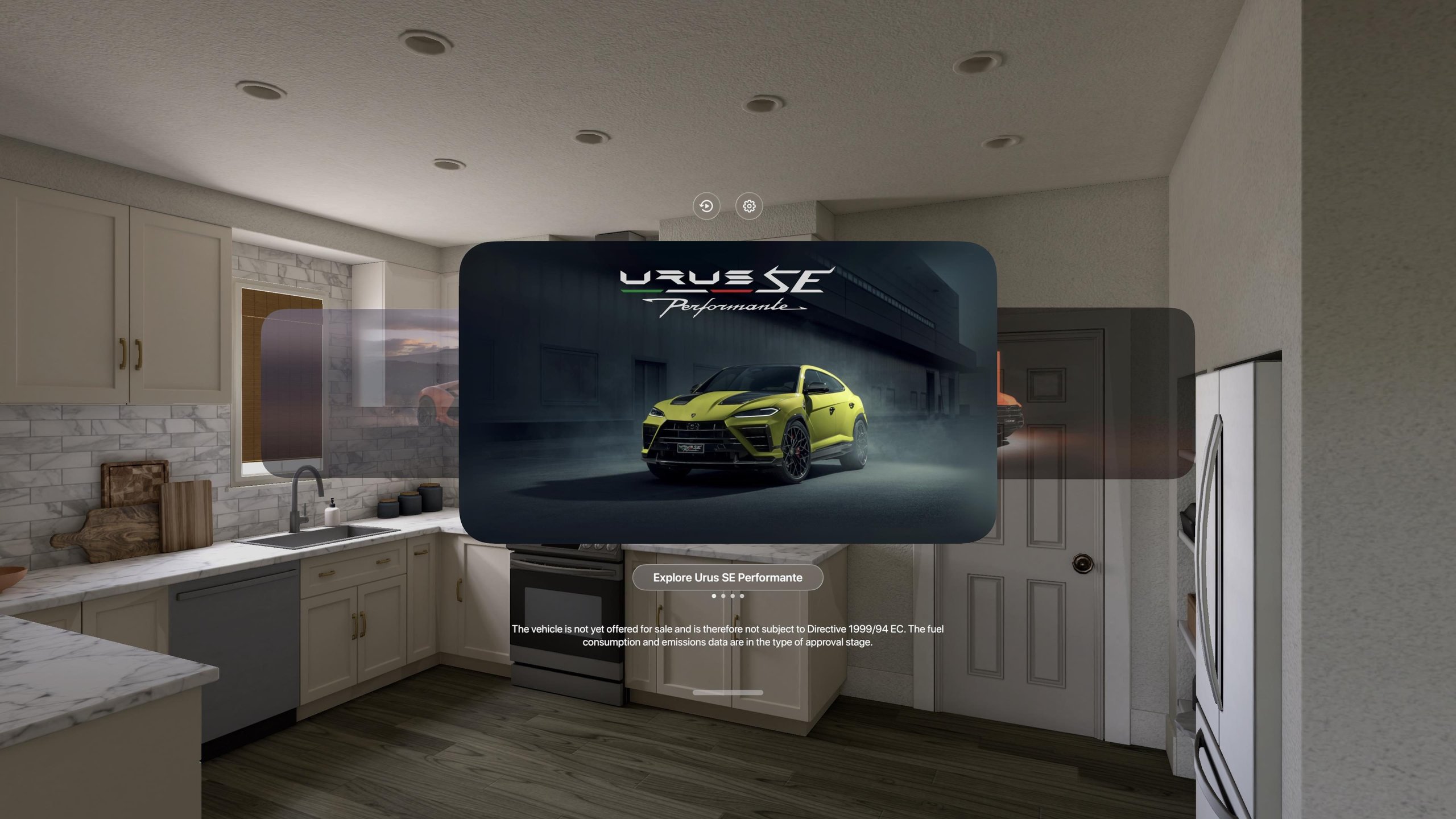 Lamborghini'S Apple Vision Pro App Lets You Park A Full-Scale Revuelto In Your Living Room 3 A yellow lamborghini urus se performante digitally placed in a real-world kitchen environment through apple vision pro's shared space mode