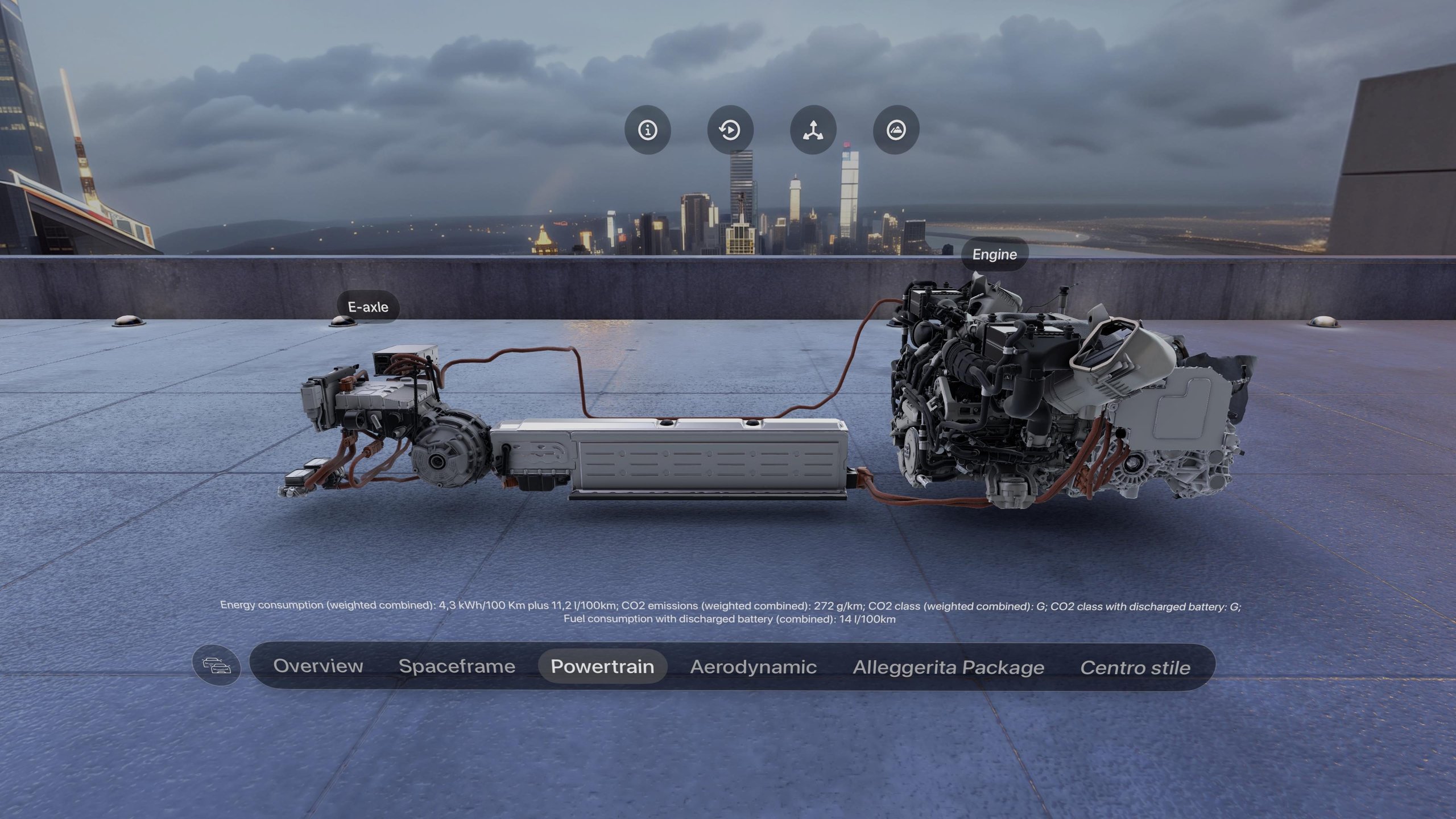 Lamborghini'S Apple Vision Pro App Lets You Park A Full-Scale Revuelto In Your Living Room 5 An exploded view of a lamborghini hybrid powertrain showing the engine, e-axle, and battery pack with interactive menu options in the apple vision pro app