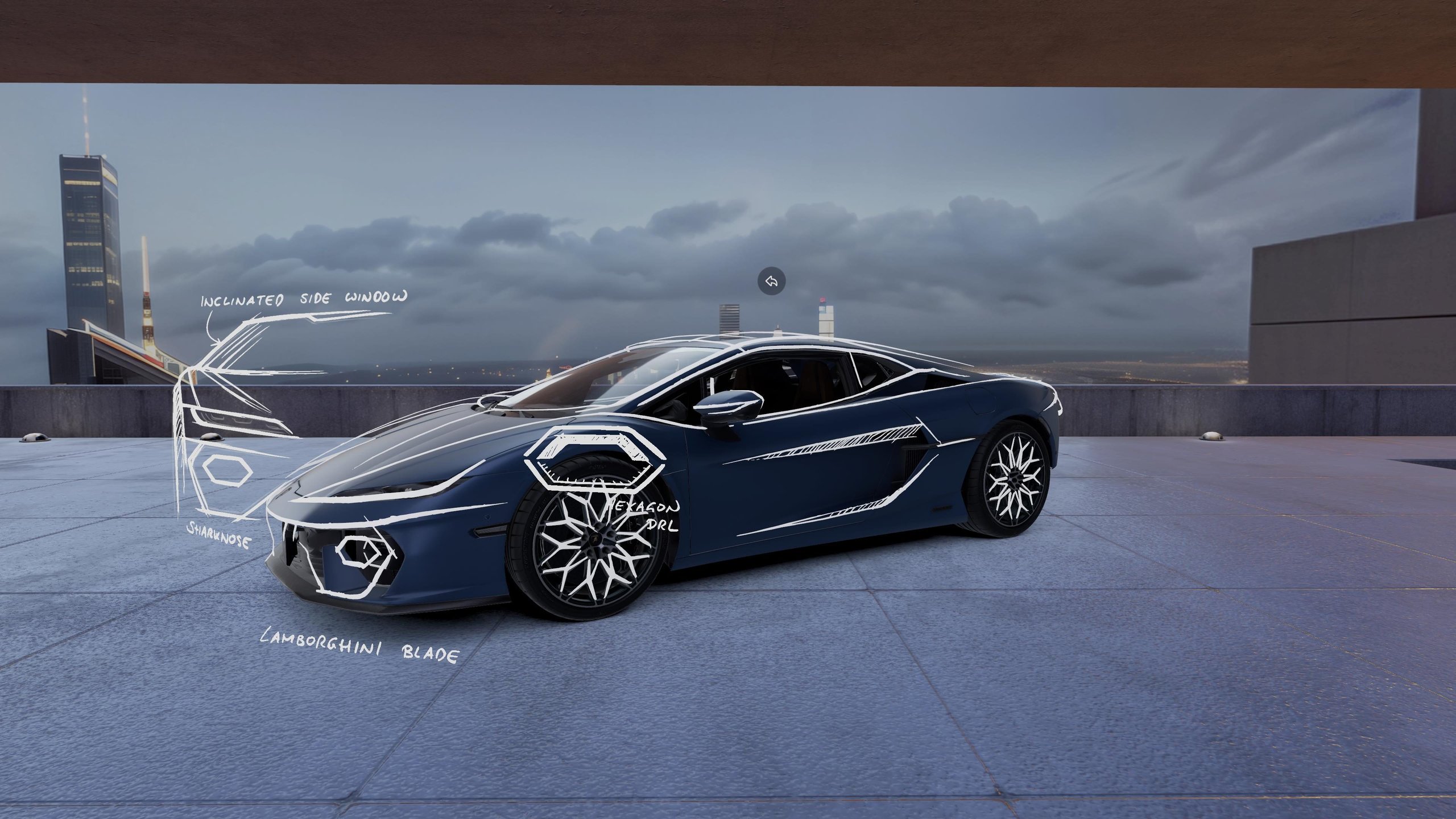 Lamborghini'S Apple Vision Pro App Lets You Park A Full-Scale Revuelto In Your Living Room 7 A blue lamborghini revuelto with white sketch-like annotations highlighting design elements including shark nose and hexagon drl in the centro stile design journey