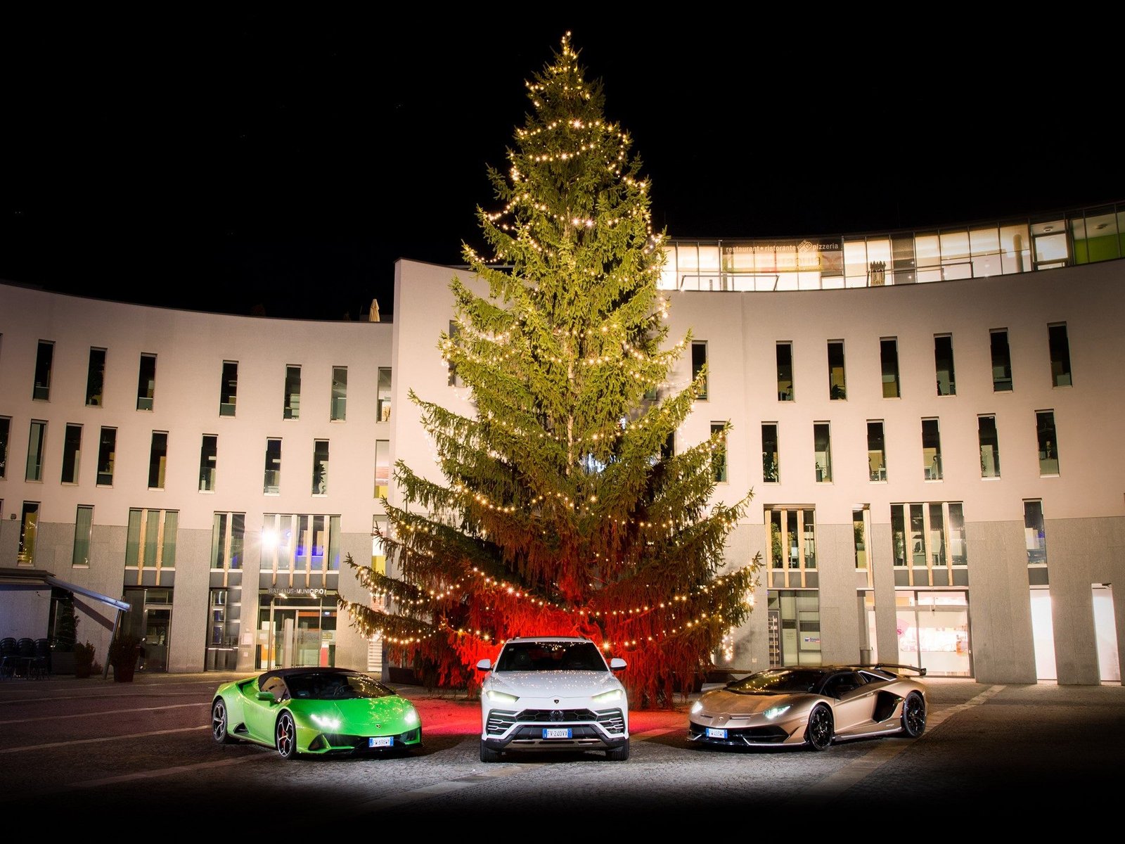 Green Lamborghini Huracán Evo, white Urus, and gold Aventador SVJ parked in front of an illuminated Christmas tree at night