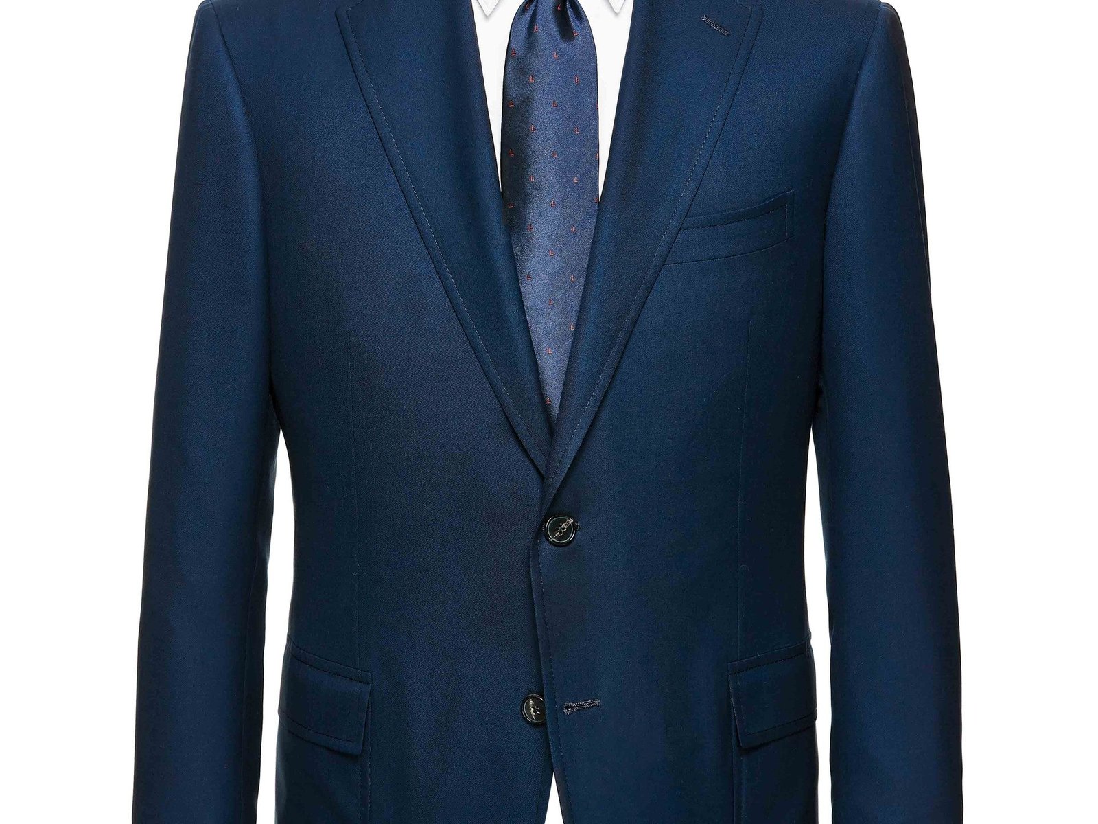 Close-up of Lamborghini d'Avenza dark blue suit jacket showing classic two-button design with notched lapels and a silk tie with red L-pattern branding