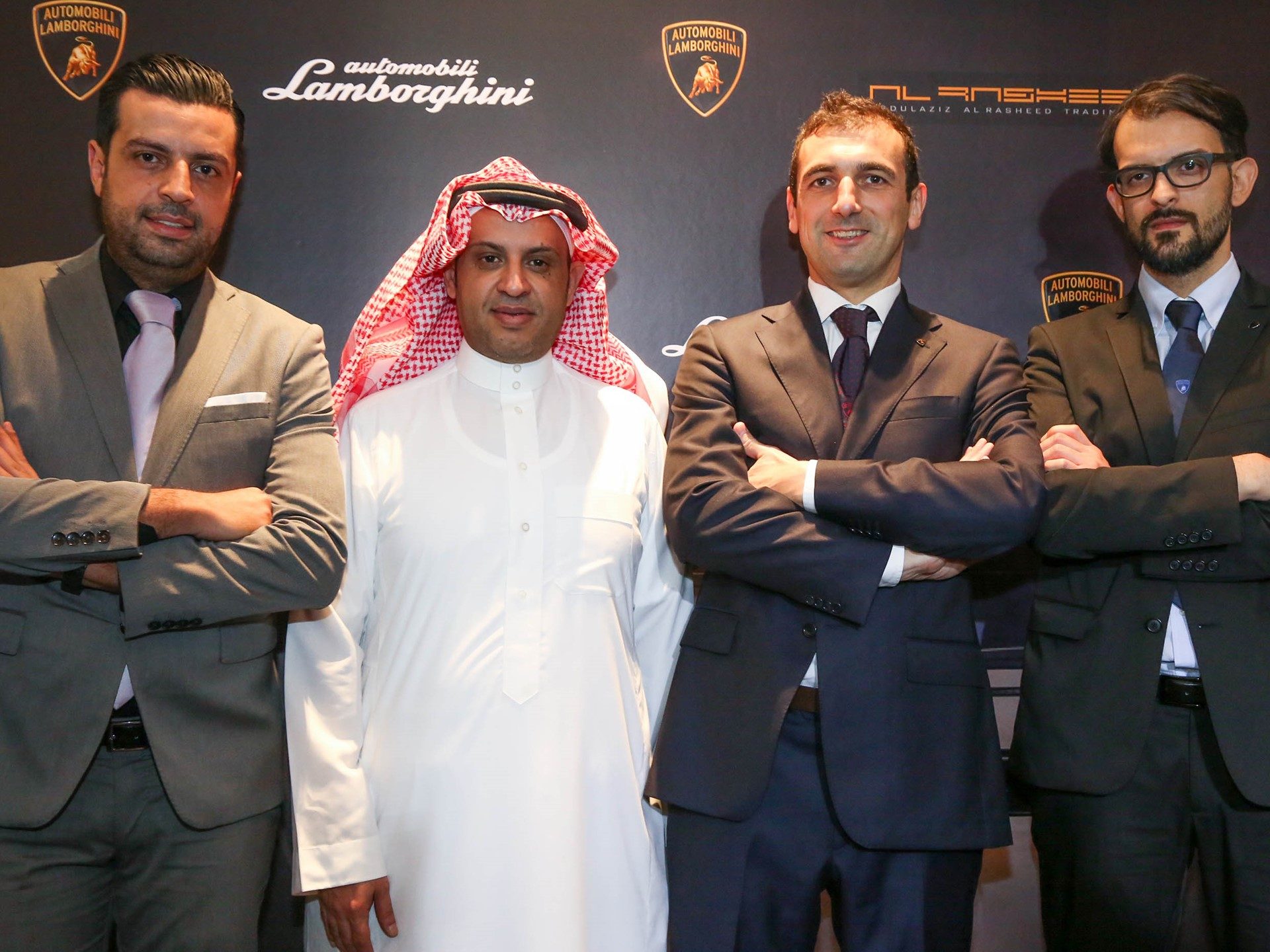 Executives from Lamborghini and Al Rasheed Group at the Collezione Automobili Lamborghini flagship store launch in Dubai Mall