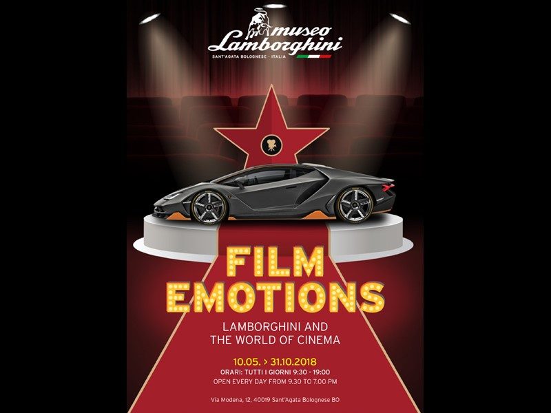 Promotional poster for the Film Emotions exhibition at the Museo Lamborghini, featuring a grey Centenario on a red carpet with cinema-themed spotlights and film reels