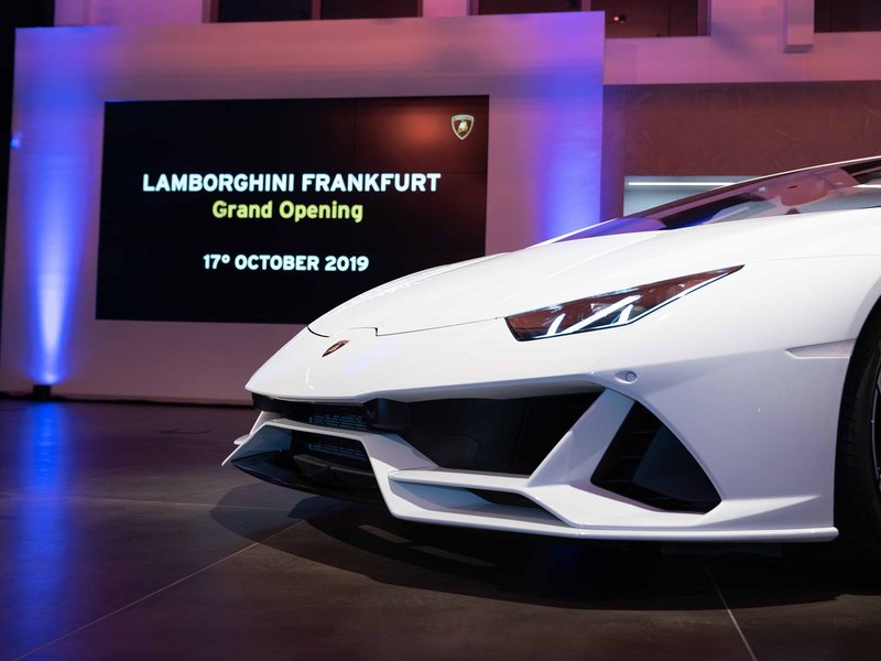 White Lamborghini Huracán EVO Spyder displayed at the grand opening of Lamborghini Frankfurt in Cassellapark