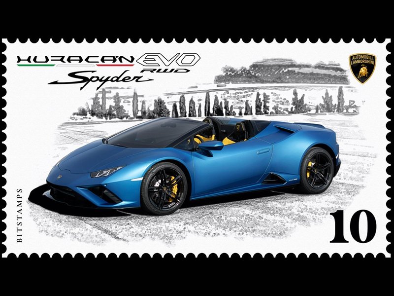 Digital stamp featuring a blue Lamborghini Huracán EVO RWD Spyder against a sketched background with the Lamborghini logo