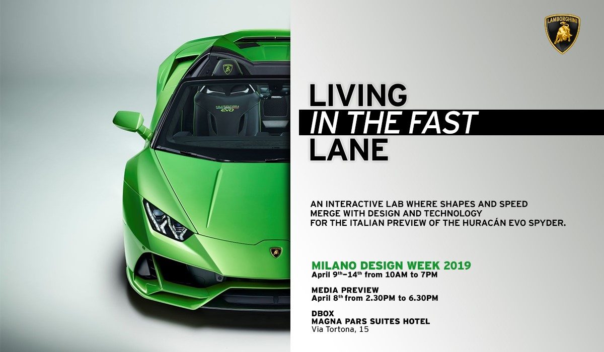 Lamborghini Huracán EVO Spyder in Verde Selvans green, promotional graphic for Milano Design Week 2019