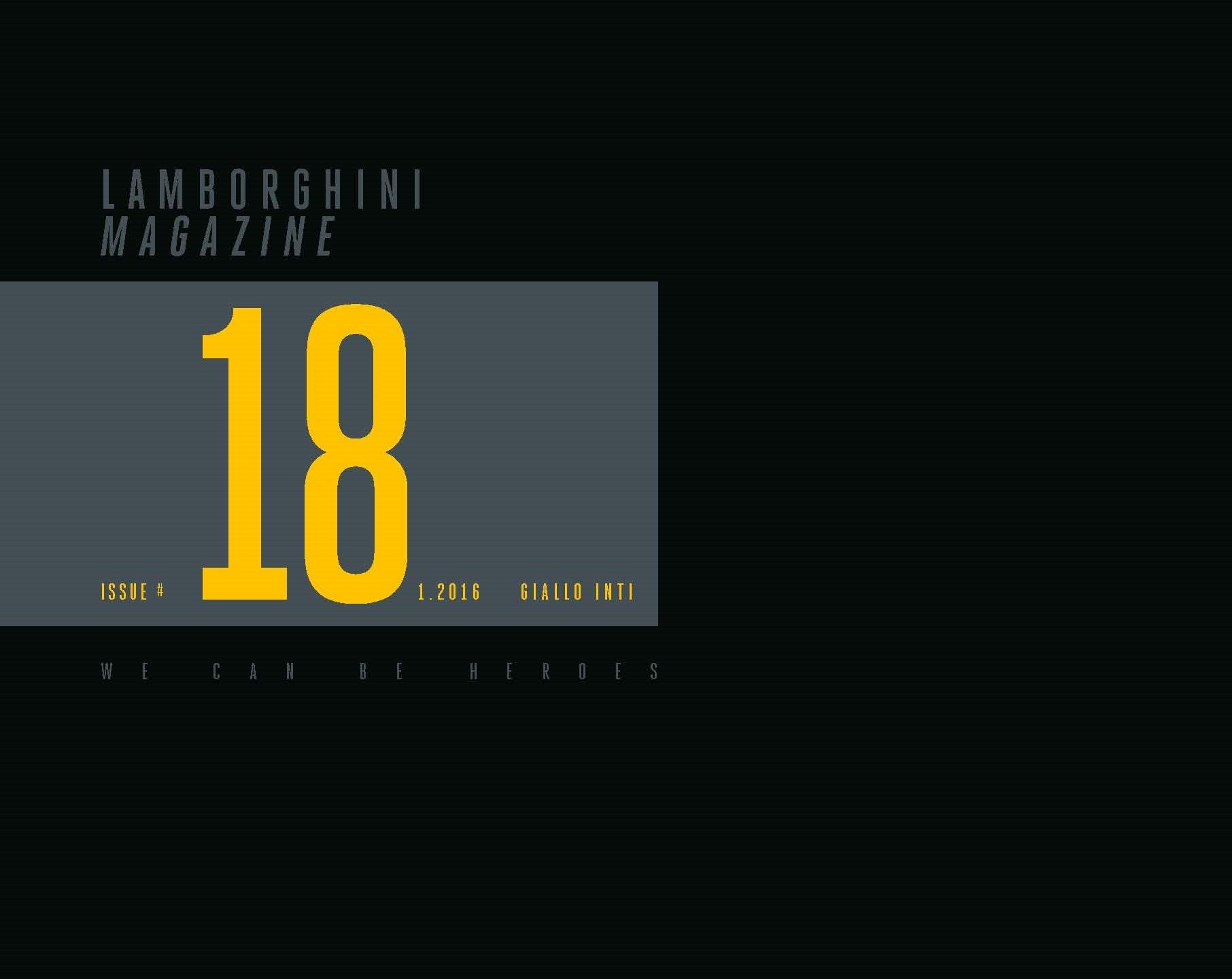 Cover of Lamborghini Magazine Issue 18 featuring bold Giallo Inti yellow typography against a dark background