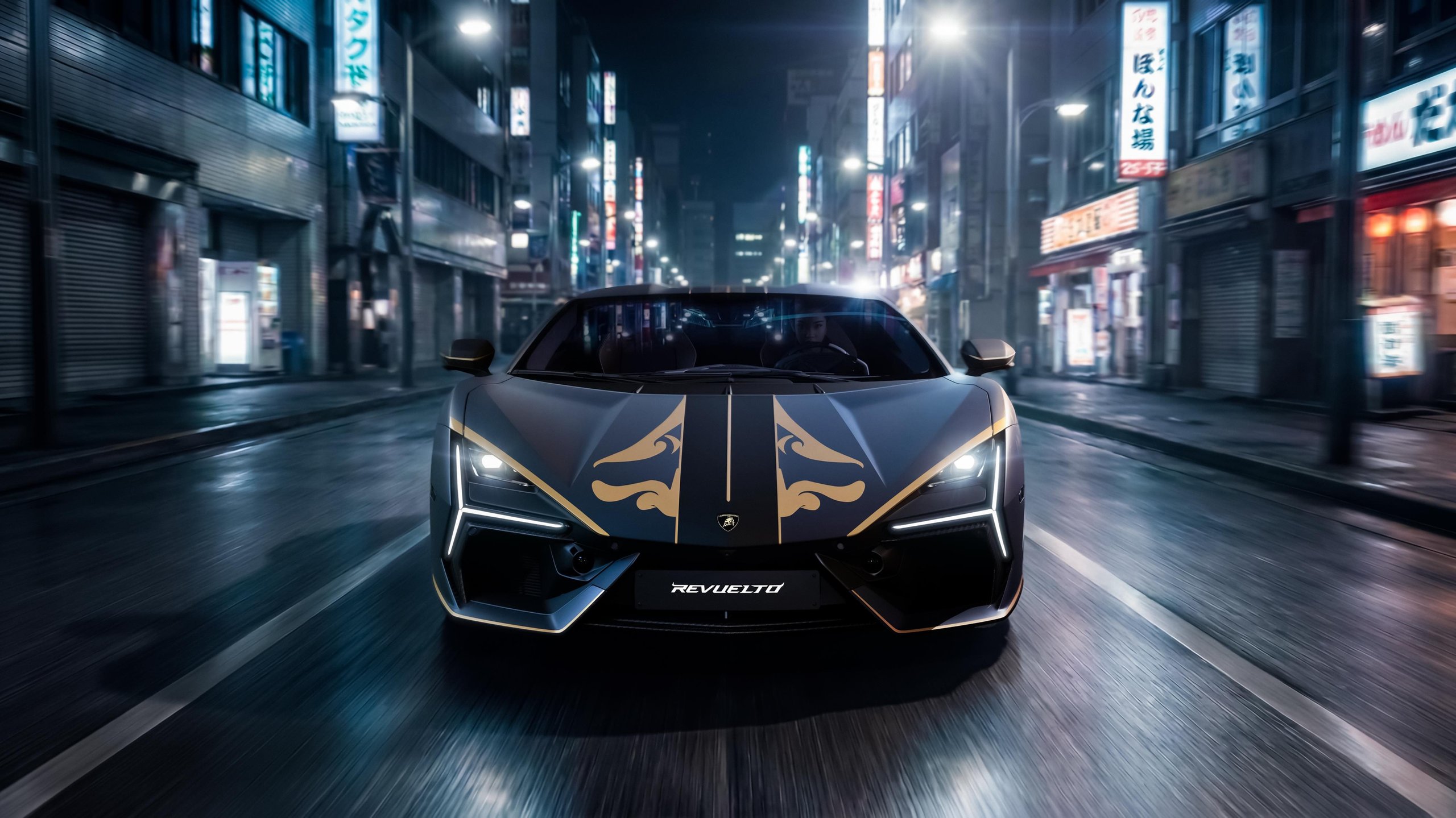 Revuelto Impavido: Lamborghini Wraps Its V12 Flagship In Samurai Armor For Japan'S 25Th Anniversary 3 Black lamborghini revuelto impavido with gold accents driving head-on through a wet neon-lit city street at night