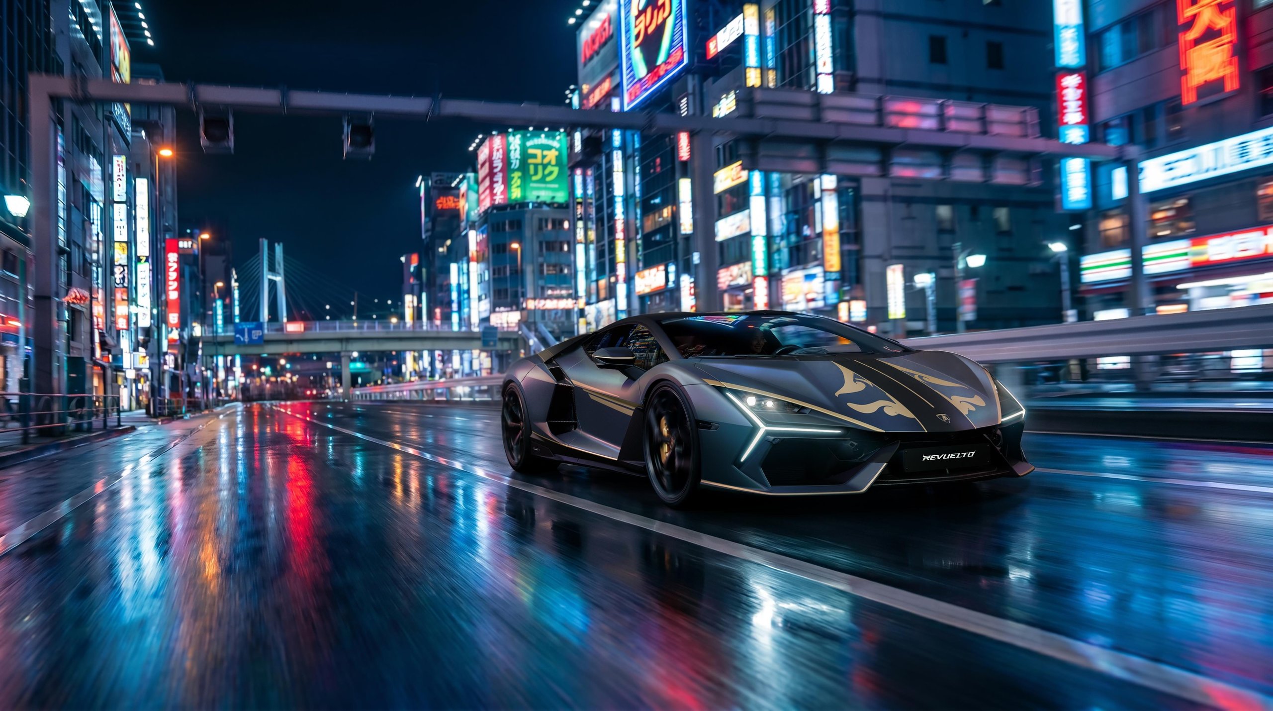 Revuelto Impavido: Lamborghini Wraps Its V12 Flagship In Samurai Armor For Japan'S 25Th Anniversary 9 Grey lamborghini revuelto impavido with gold accents driving through neon-lit city streets at night with motion blur