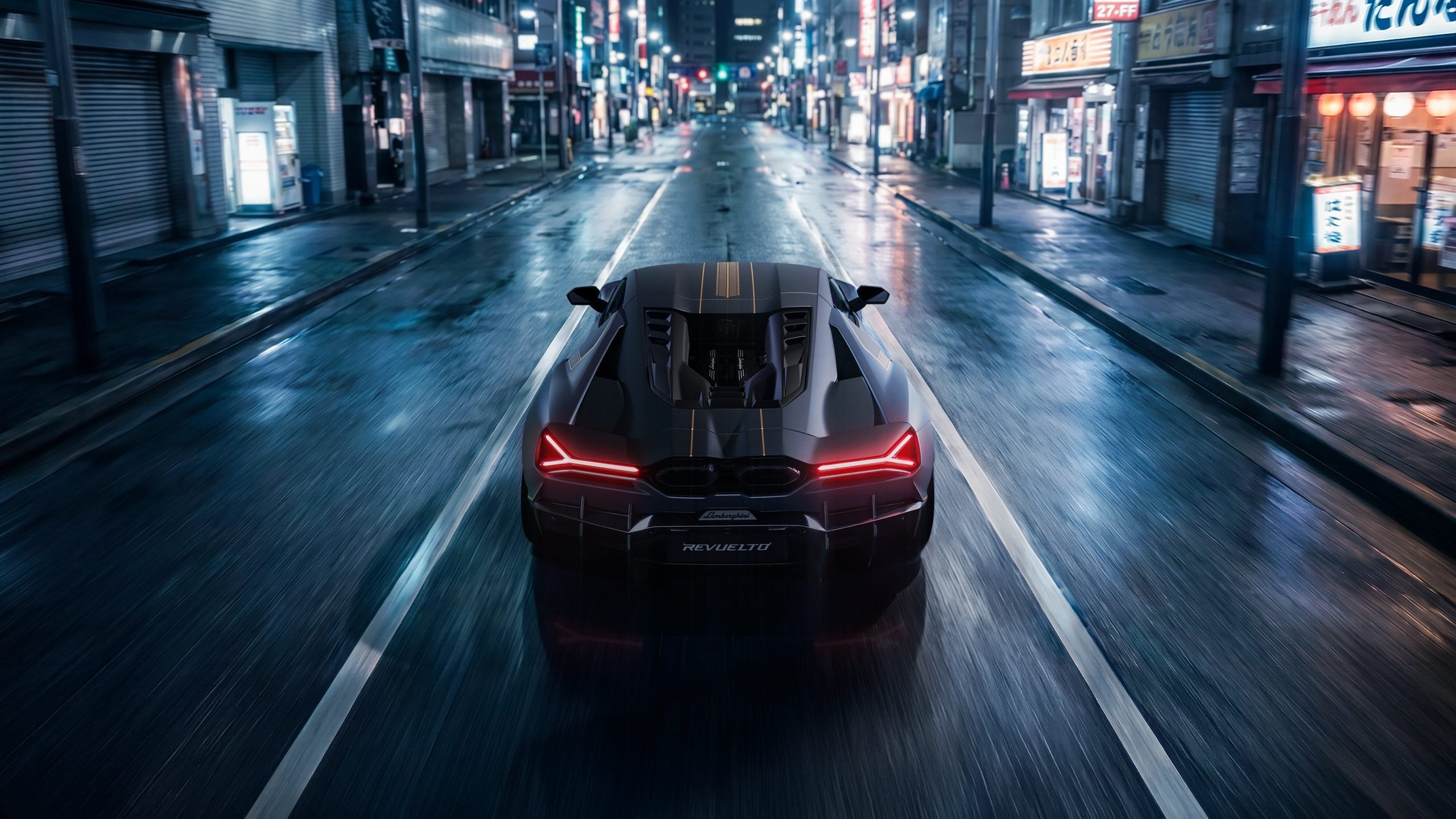 Revuelto Impavido: Lamborghini Wraps Its V12 Flagship In Samurai Armor For Japan'S 25Th Anniversary 11 Black lamborghini revuelto impavido with gold accents viewed from behind on a wet neon-lit city street showing y-shaped taillights