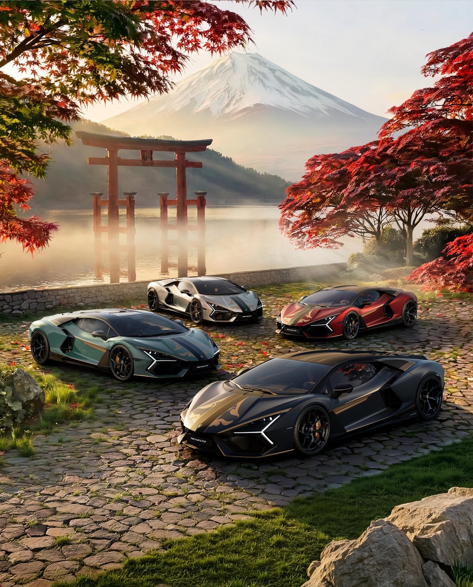 Four Lamborghini Revuelto Impavido models in unique color configurations displayed against a Japanese landscape with Mount Fuji and a torii gate