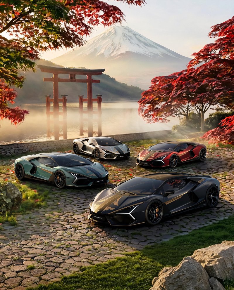 Four Lamborghini Revuelto Impavido models in unique color configurations displayed against a Japanese landscape with Mount Fuji and a torii gate
