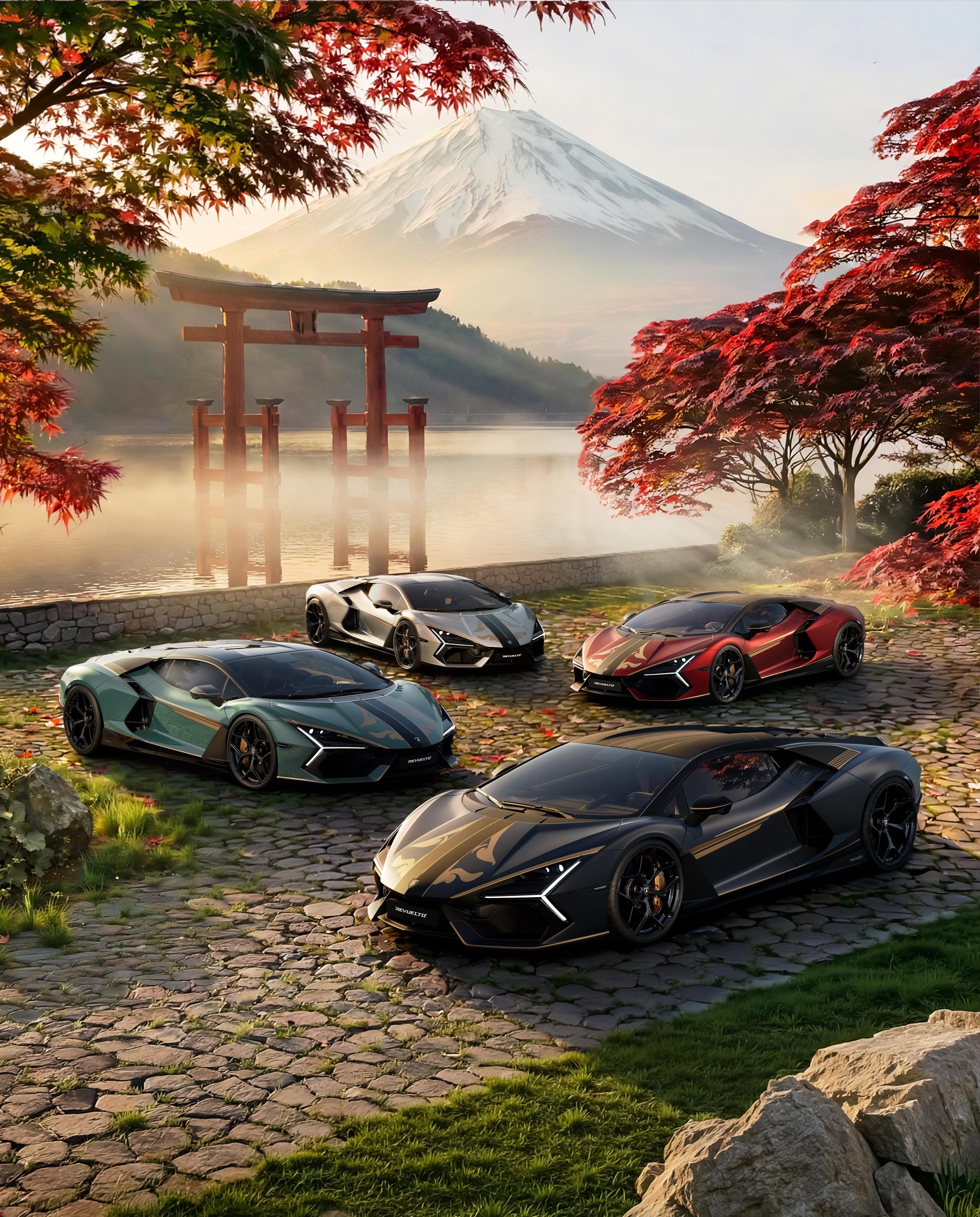Revuelto Impavido: Lamborghini Wraps Its V12 Flagship In Samurai Armor For Japan'S 25Th Anniversary 1 Four lamborghini revuelto impavido models in unique color configurations displayed against a japanese landscape with mount fuji and a torii gate
