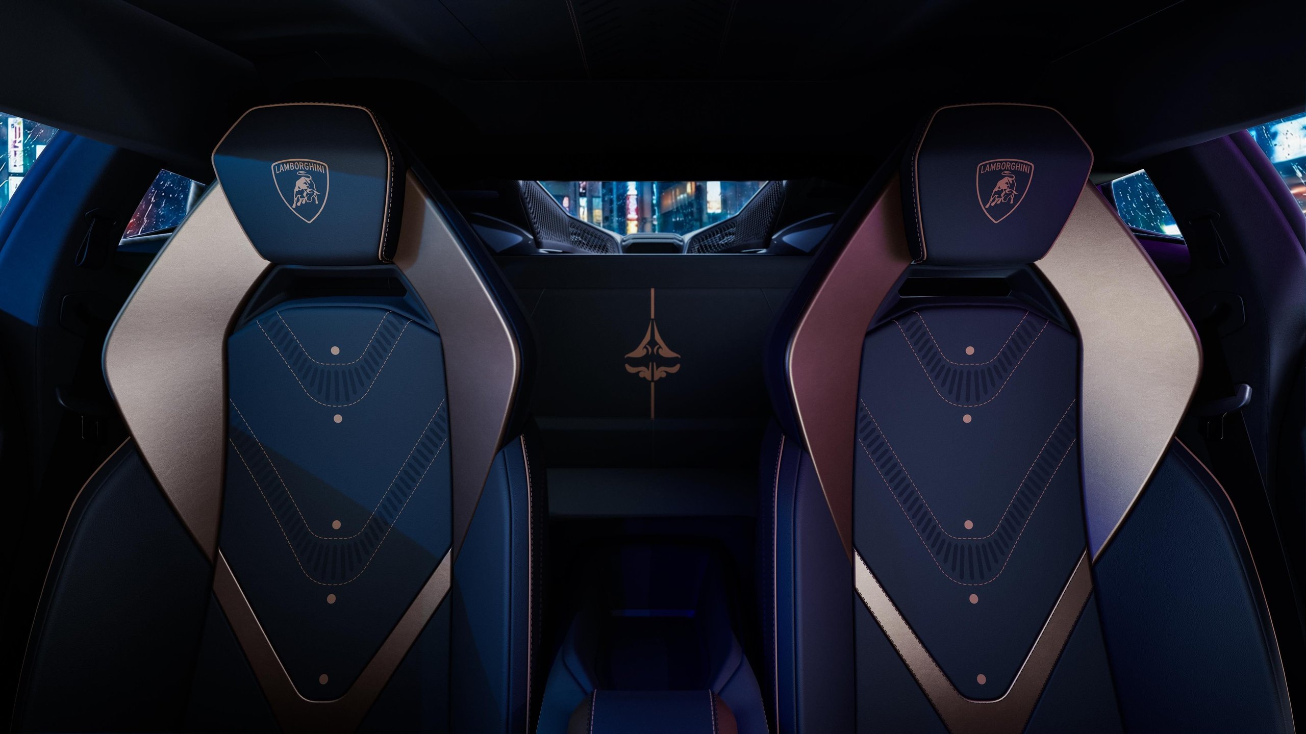 Revuelto Impavido: Lamborghini Wraps Its V12 Flagship In Samurai Armor For Japan'S 25Th Anniversary 5 Interior of the lamborghini revuelto impavido showing dark seats with gold accents and intricate y-shaped stitching